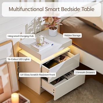 TUKAILAi Bedside Table with Bluetooth LED Lights & Charging Station