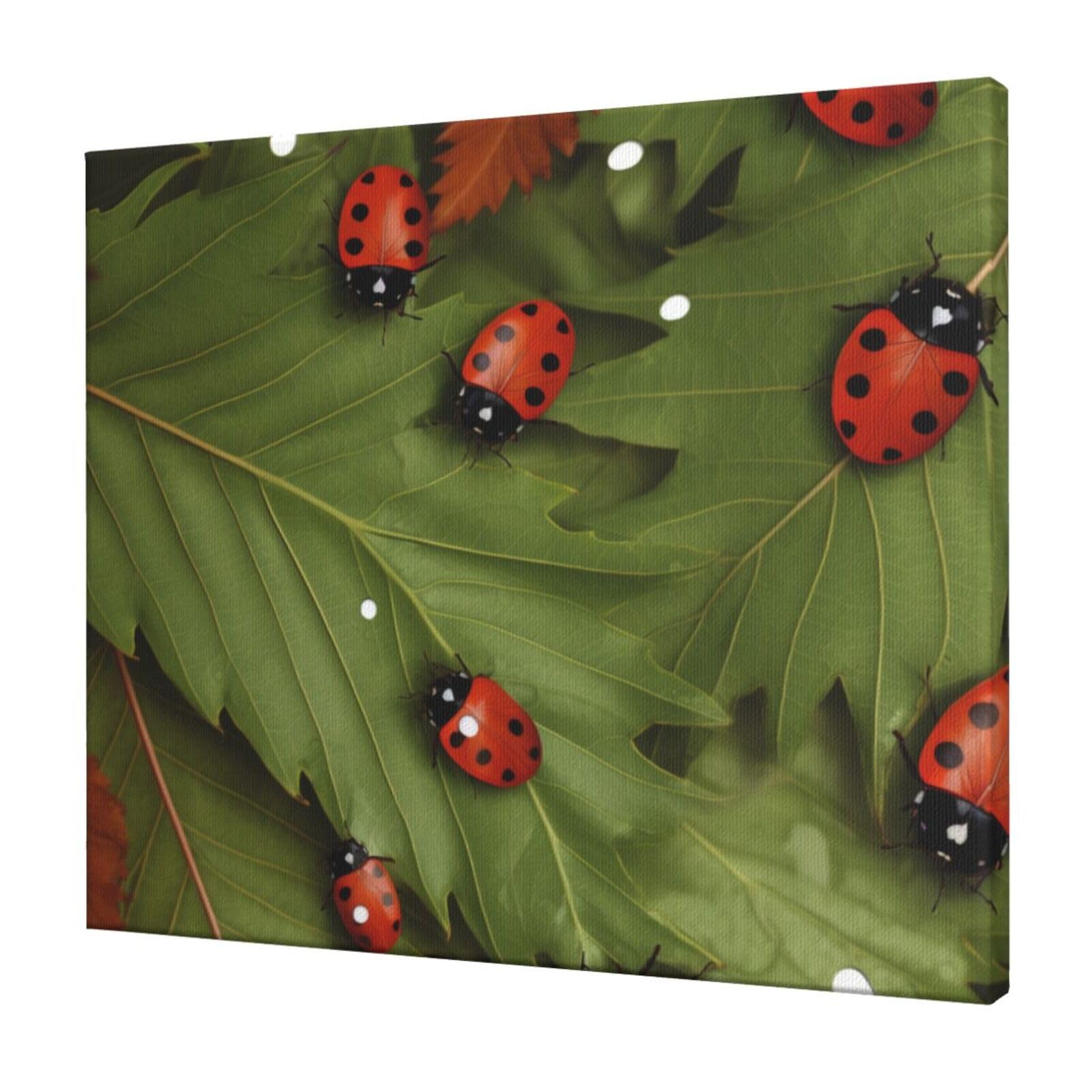 YKLJG Leaves and Ladybugs Printed Wall Art Canvas Prints 60x50 CM Wooden Framed Picture Painting Artwork for Bedroom Kitchen Home Office Decor