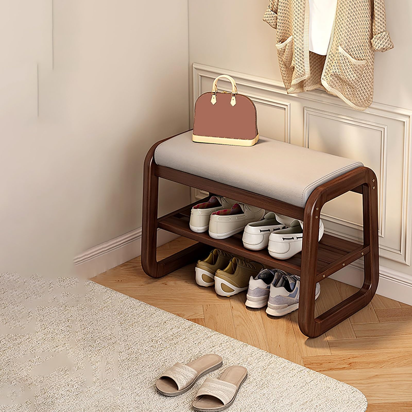 Meuble chaussures en bois pour entrée encombrée avec assise rembourrée intégrée