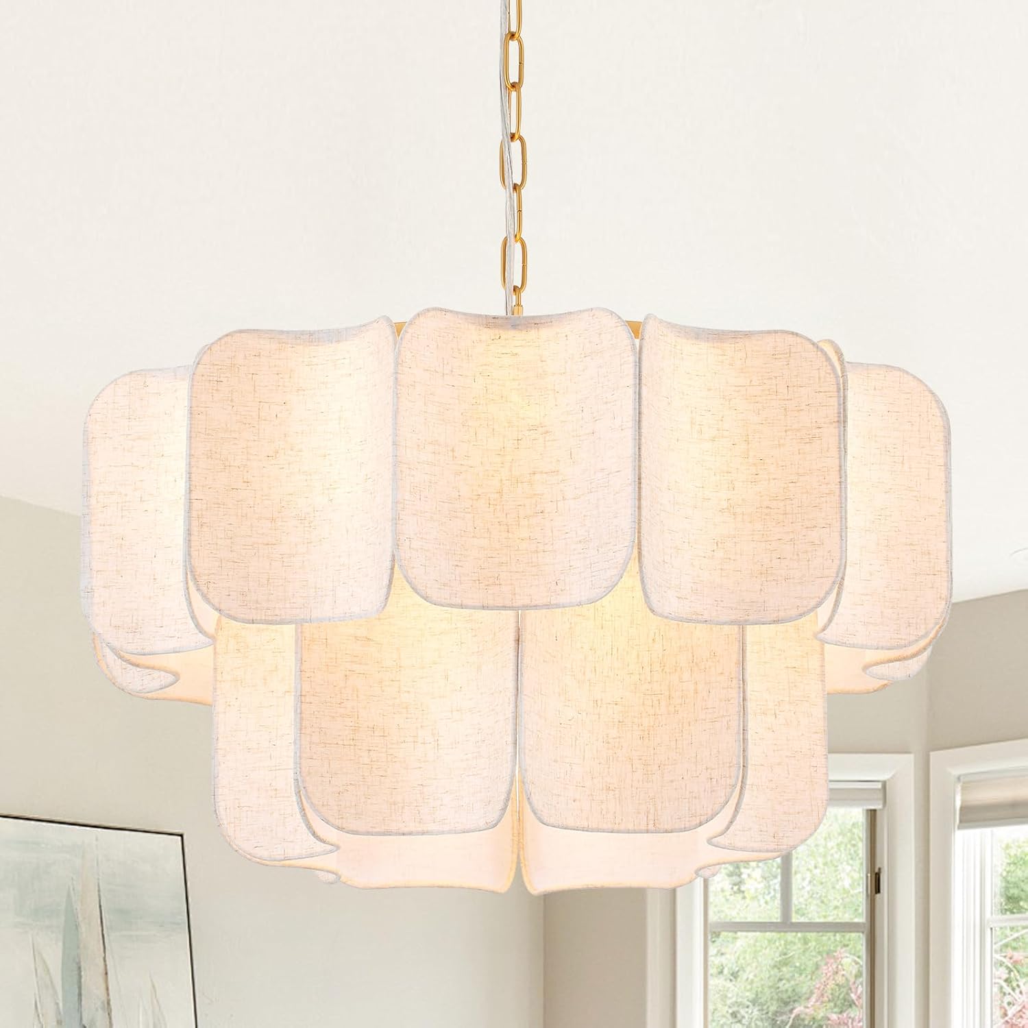 Modern Gold Chandelier 5-Light Round Chandeliers for Dining Room Vintage Modern Chandelier Light with Linen Shade 2-Tier Elegant Pendant Light for Kitchen Island Bedroom Living Room Foyer, UL Listed