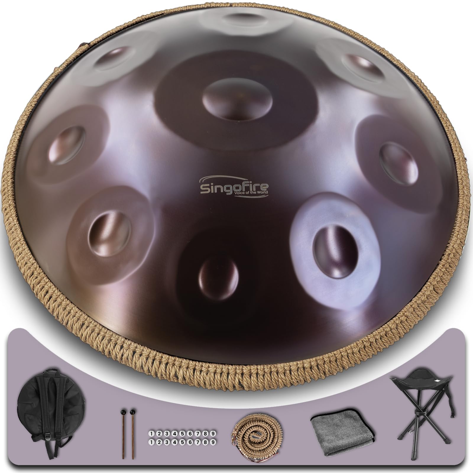 Photo 1 of "SINGOFIRE" Handpan Drum, Handpan Drums for Adults, 22-Inch 432Hz D Minor Kurd Handpan, HandPan Instrument (Purple-9Notes?432HZ?, 22-Inch)