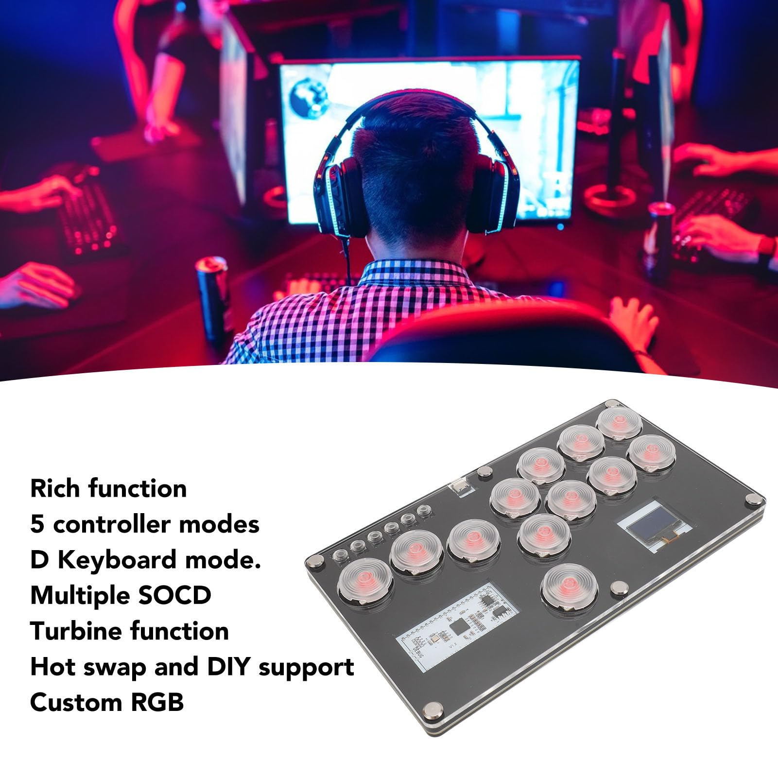 Hidyliu Controller con Tutti i Pulsanti con e RGB Personalizzato per Giochi di Combattimento e PC, Mini Tastiera Sostituibile a Caldo con 12 Tasti e Struttura in Acrilico