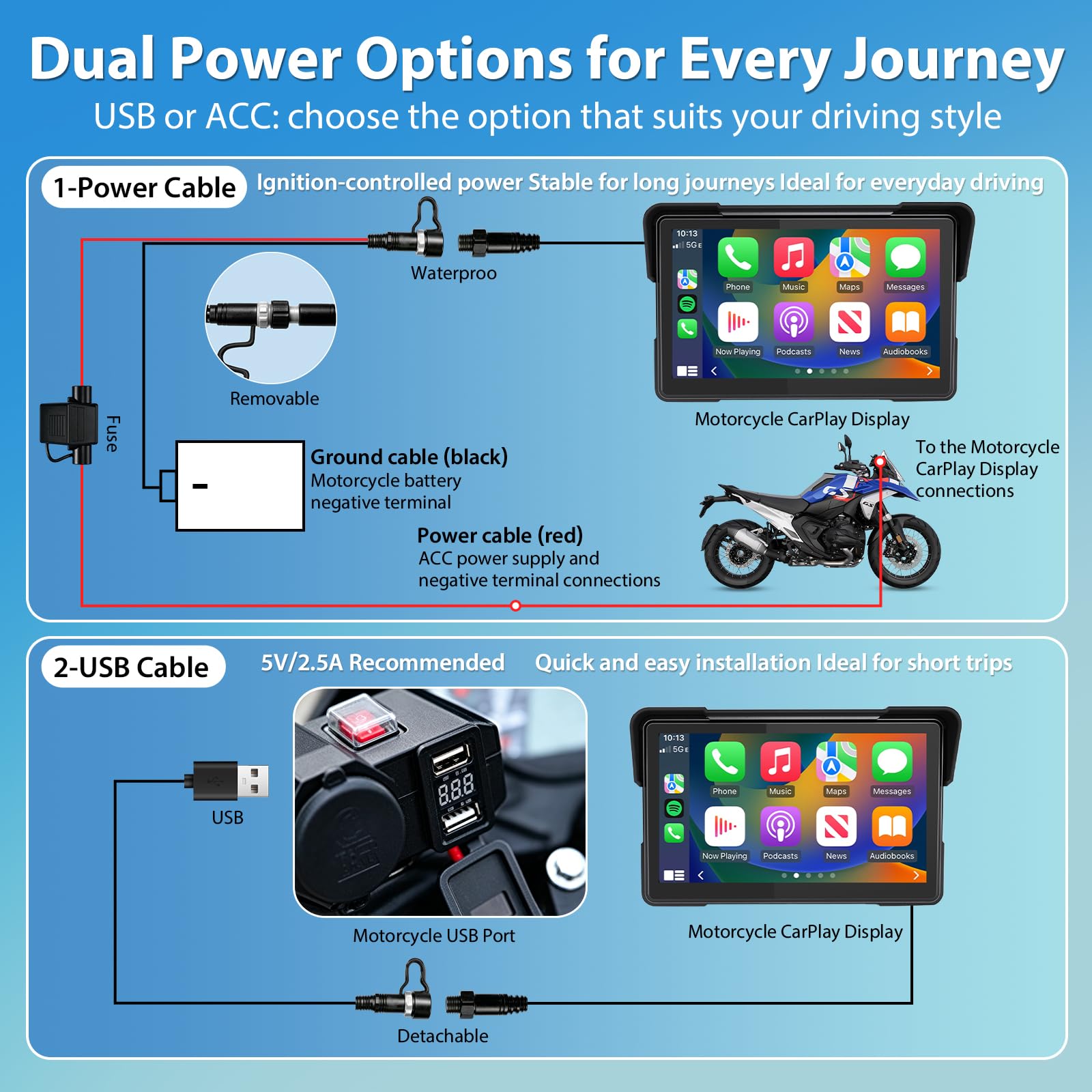 Vtopek 7" Carplay Moto Écran avec TPMS & 2 Options d'alimentation (USB/ACC) | Sans fil Carplay Android Auto, Navigation GPS Moto, IP67 Étanche, Double-Bluetooth, Commande Vocale, Pour Toutes les Motos