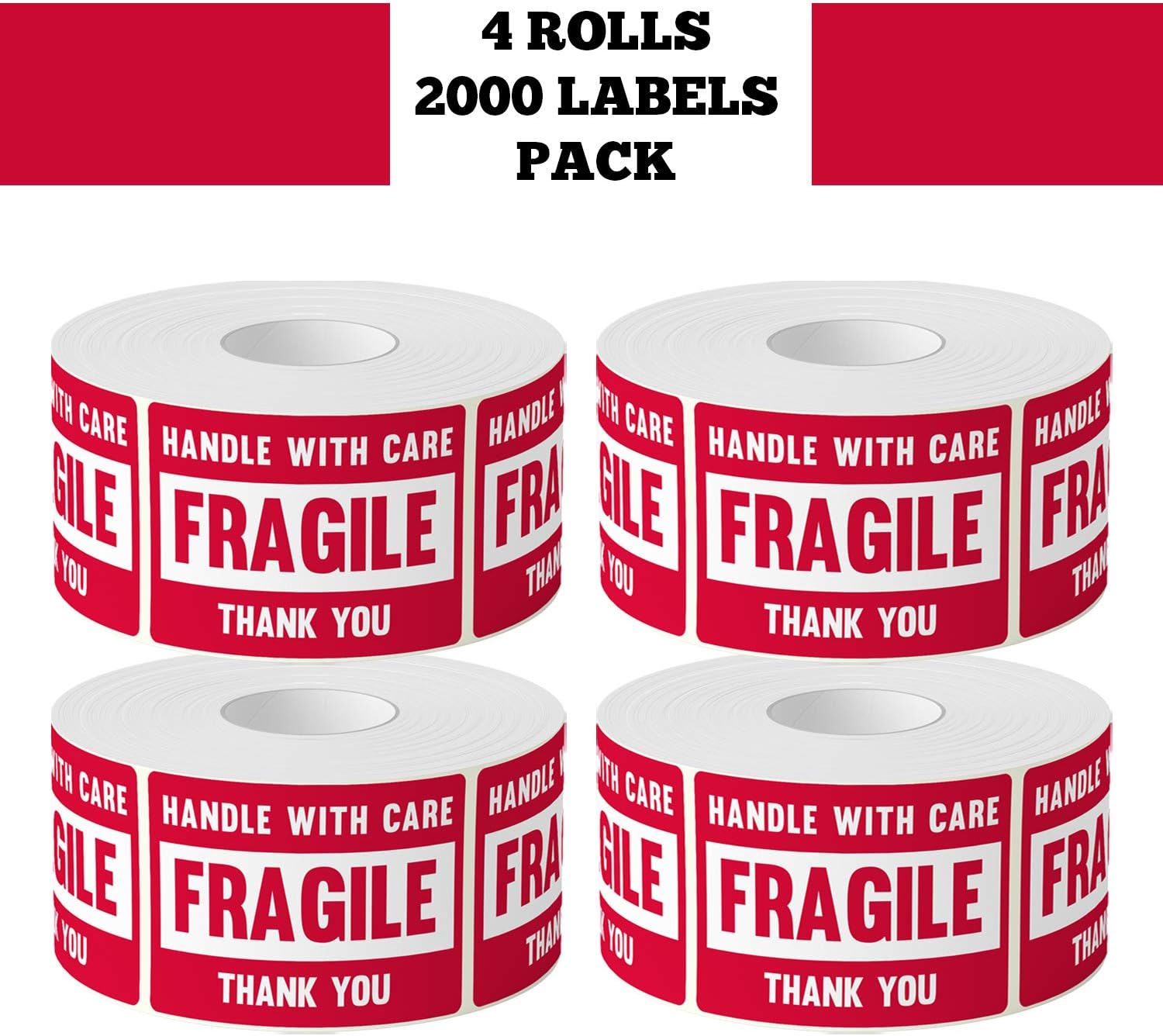 3” X 2” Fragile Handle with Care Warning Stickers, Fragile Tape for Packing and Shipping, Permanent Adhesive Labels 500 Per Roll (4 Pack)