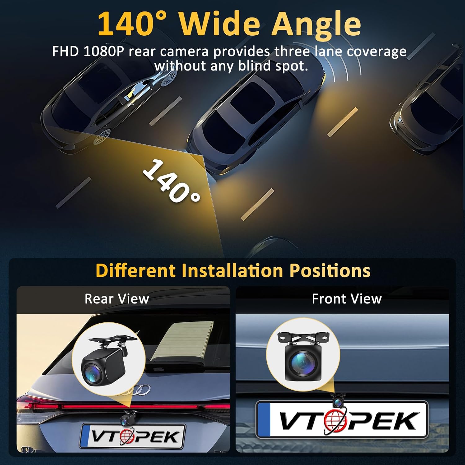 Two images showing the VTOPEK camera installed as a rear view camera above a license plate and as a front view camera.