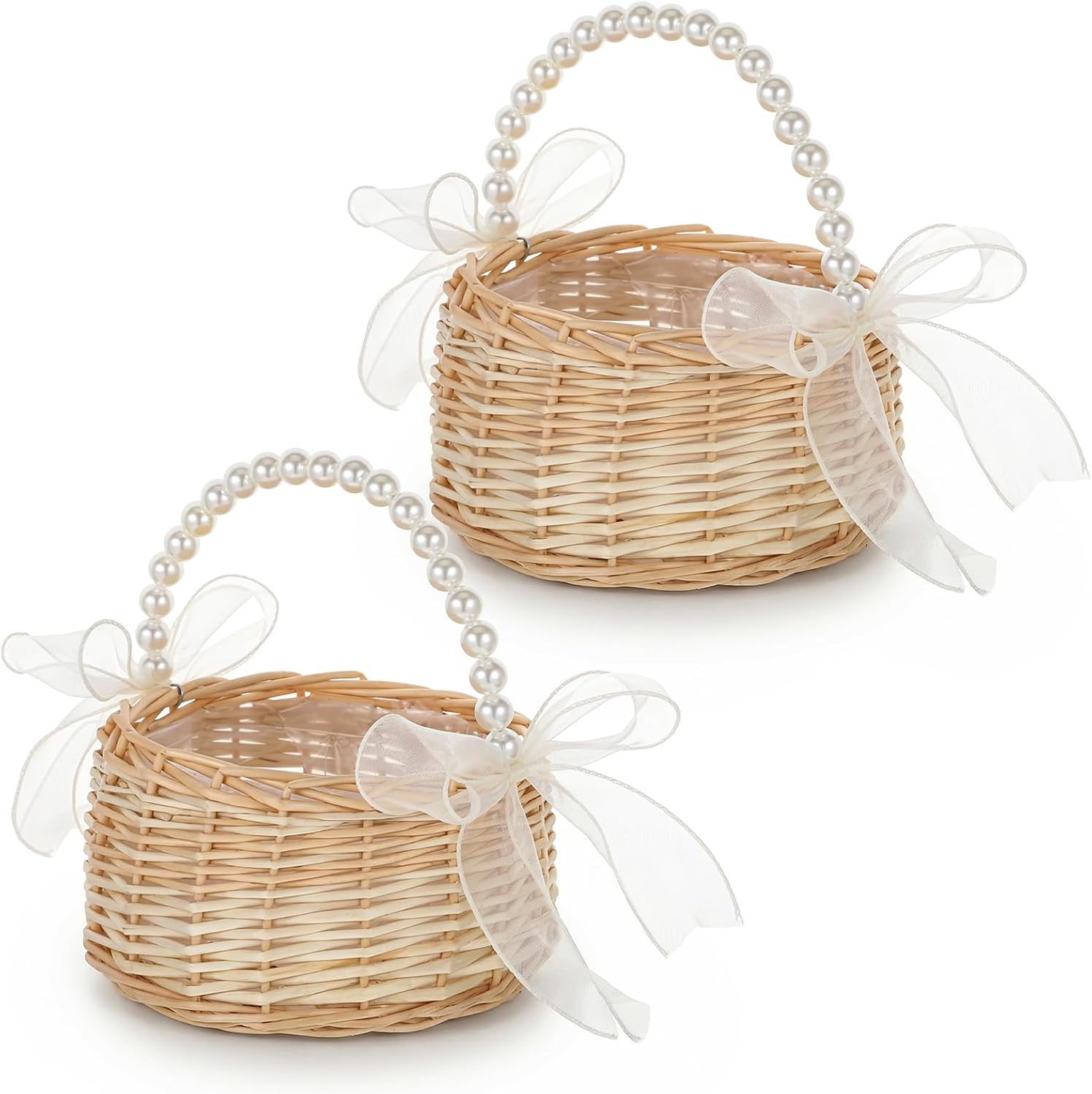 2 Pack Wicker Rattan Flower Girl Basket, 8.26 * 6.7 * 3.7 Inch Rattan Flowers Baskets Wicker with Handle and Pearl Hand Woven Willow Storage for Wedding Flowers Girls,Picnic