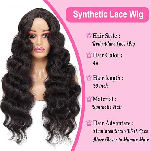 Miniatura 3 de Pelucas largas onduladas de color marrón oscuro para mujer, peluca de encaje ondulado, parte media, aspecto natural, peluca de fibra sintética