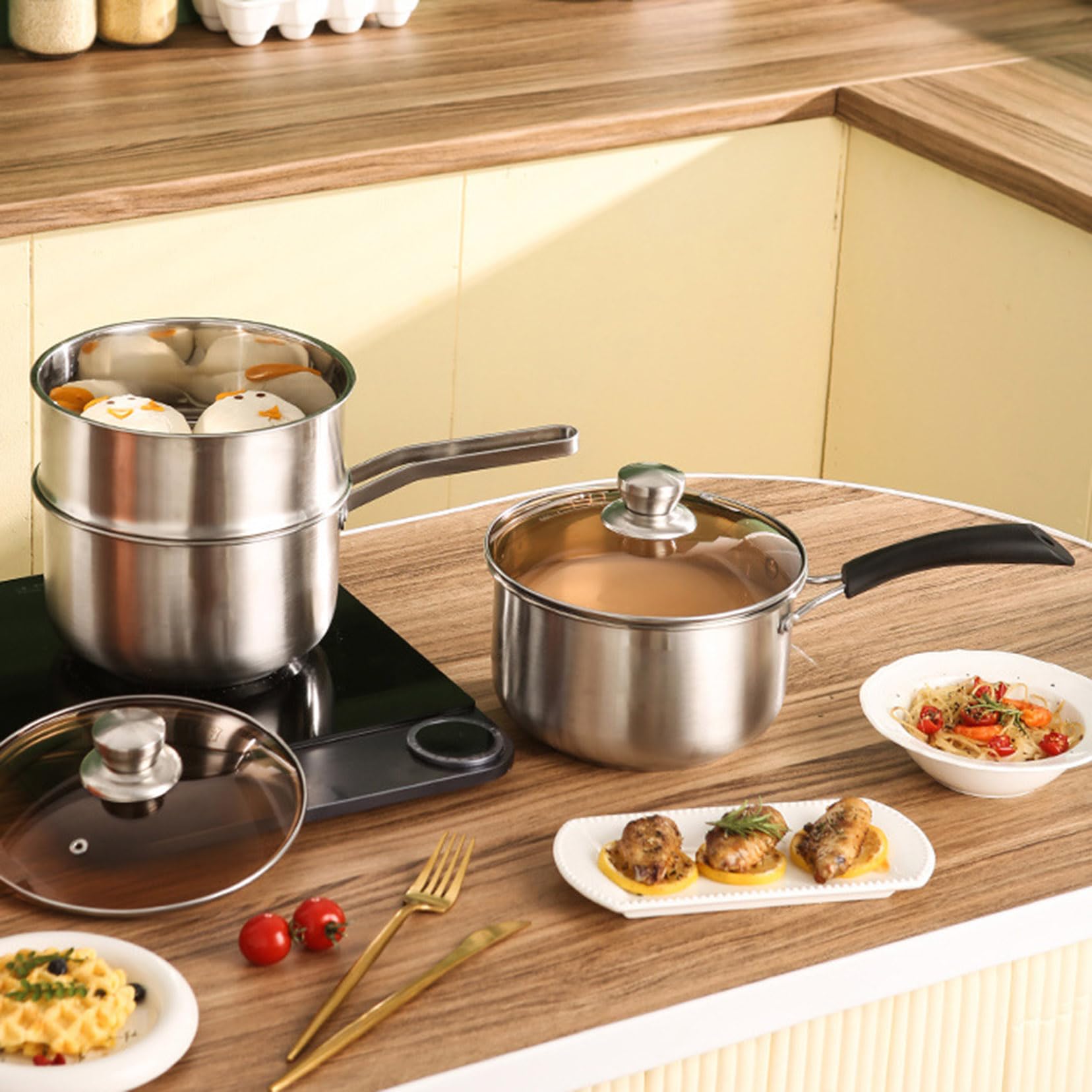 Cacerola de acero inoxidable de 20 cm con tapa de cristal, olla profesional para cocina doméstica, mango resistente al calor, acabado espejo, fácil de limpiar