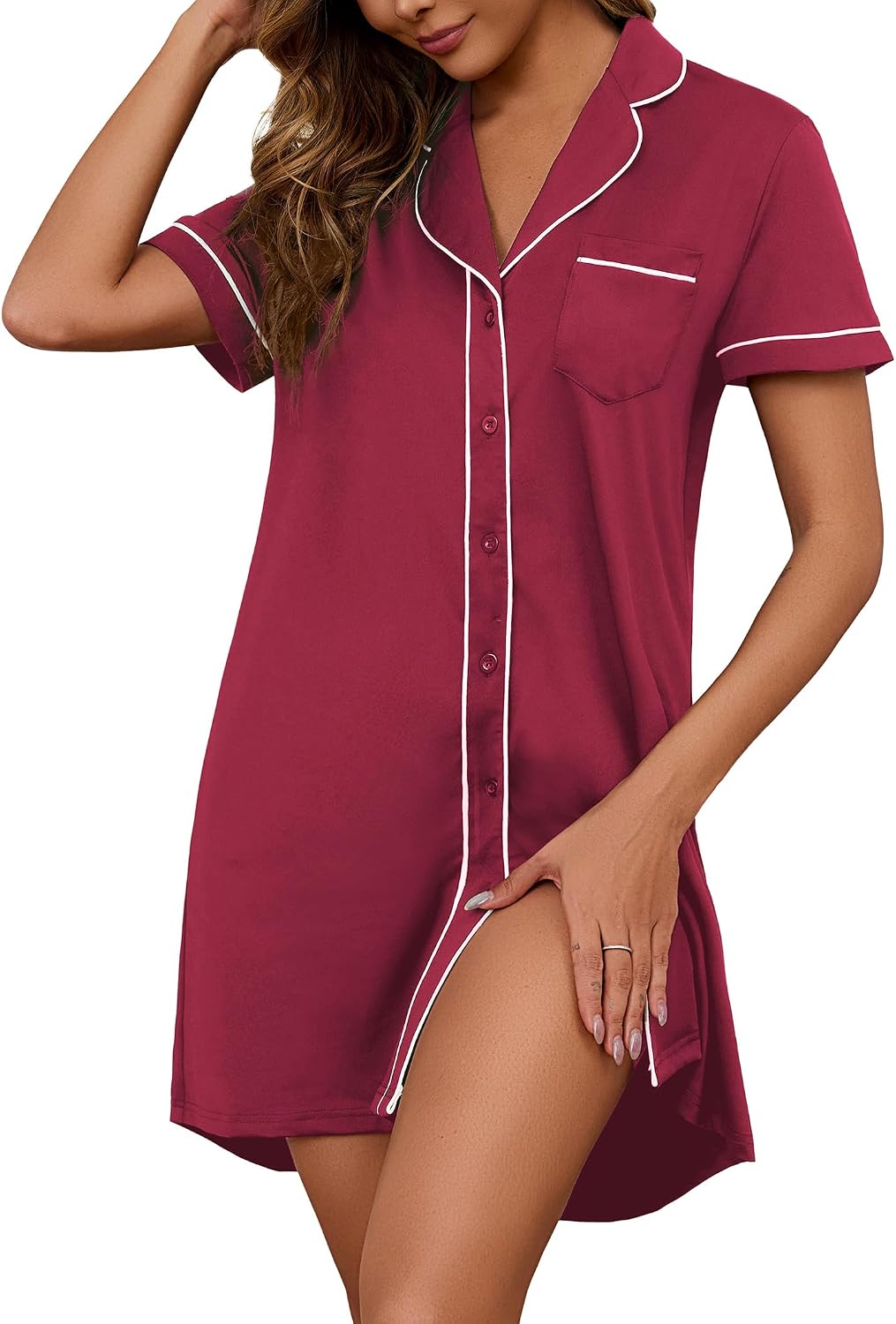 Nightgowns for Women Button Down Sleepshirt Short Sleeve Stripe Nightshirt Boyfriend Sexy Sleepwear