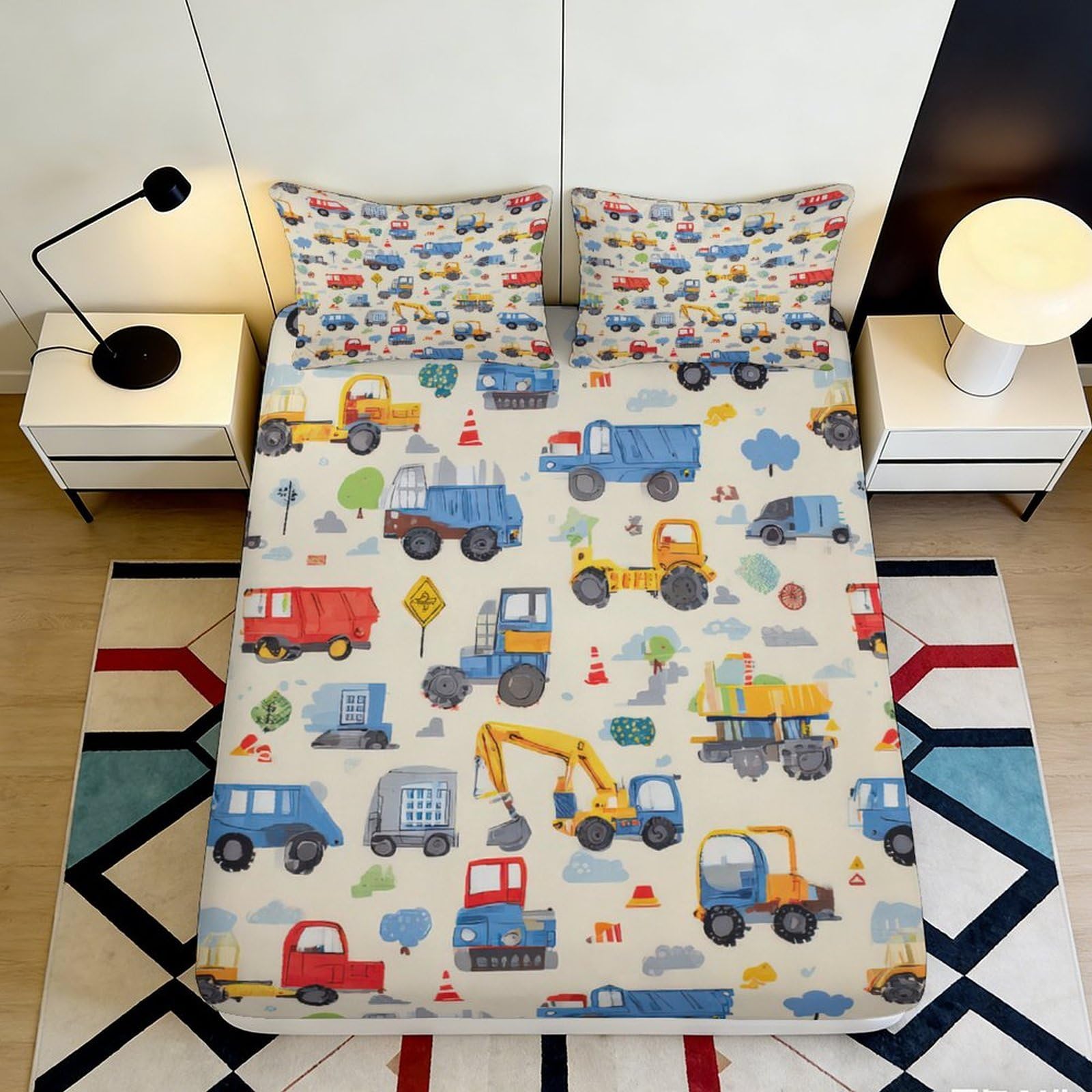 3D Printed Construction Vehicles Fitted Sheet Microfiber Soft Washable Cartoon Trucks Mattress Cover Bedroom Decor 90x200x25cm