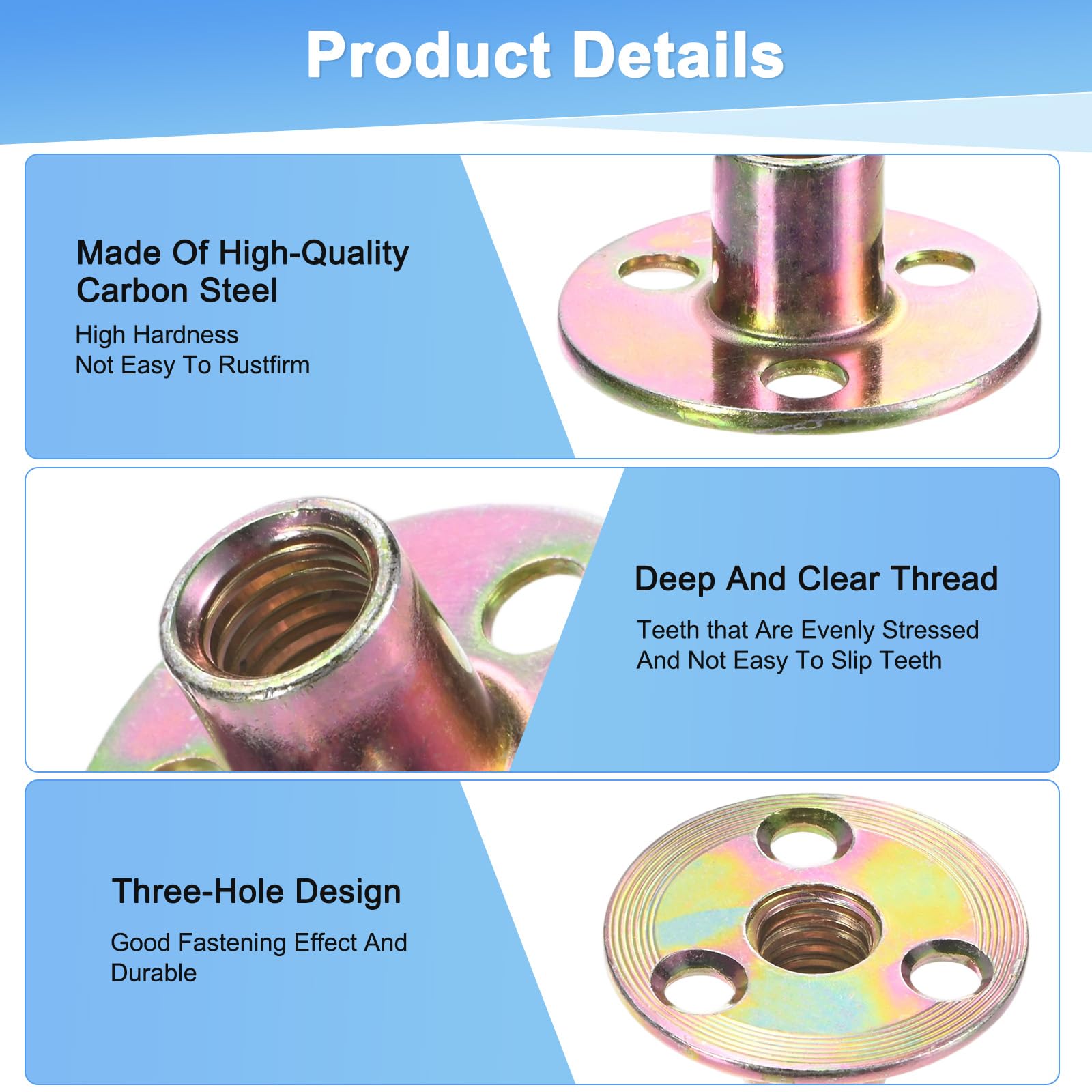 M METERXITY 10-Pack 3/8" T-Nuts Zinc Plated Carbon Steel Tee Nut 3-Hole Round Base Weld Nuts Through Hole Furniture Hardware Flange Insert Female Thread Gold - Image 2