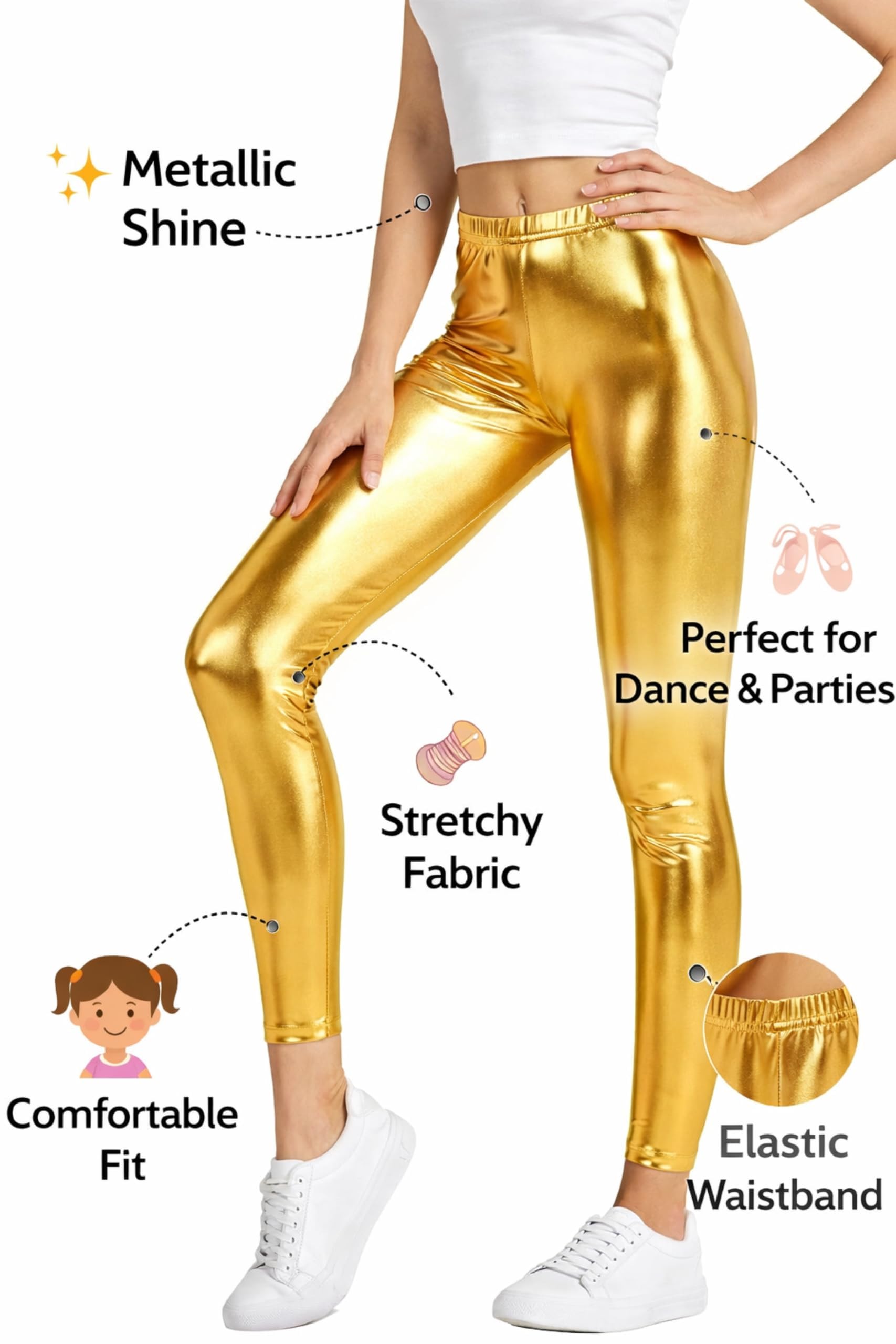Leggings metallizzati lucidi per bambini, effetto bagnato, danza, feste, sport, senza piedi, pantaloni a lunghezza intera, tinta unita