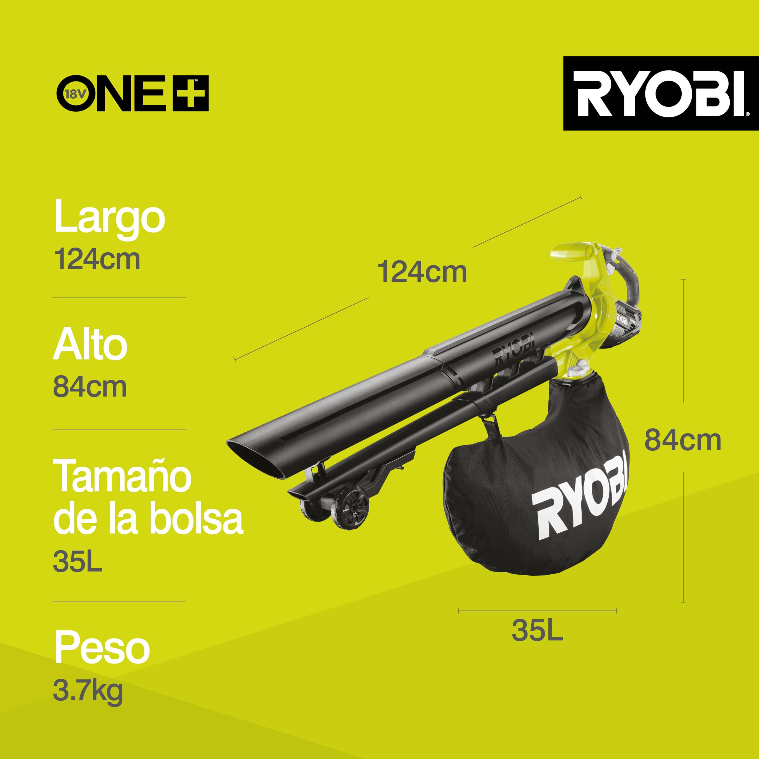 RYOBI - Soplador/Aspirador/Triturador Eléctrico Sin Cable a Batería 18V One+ Brushless - Limpieza Hojas, Pasillos Exteriores, Terrazas, Céspedes y Pequeños Jardines - 1 Bolsa Impermeable 35L - OBV18