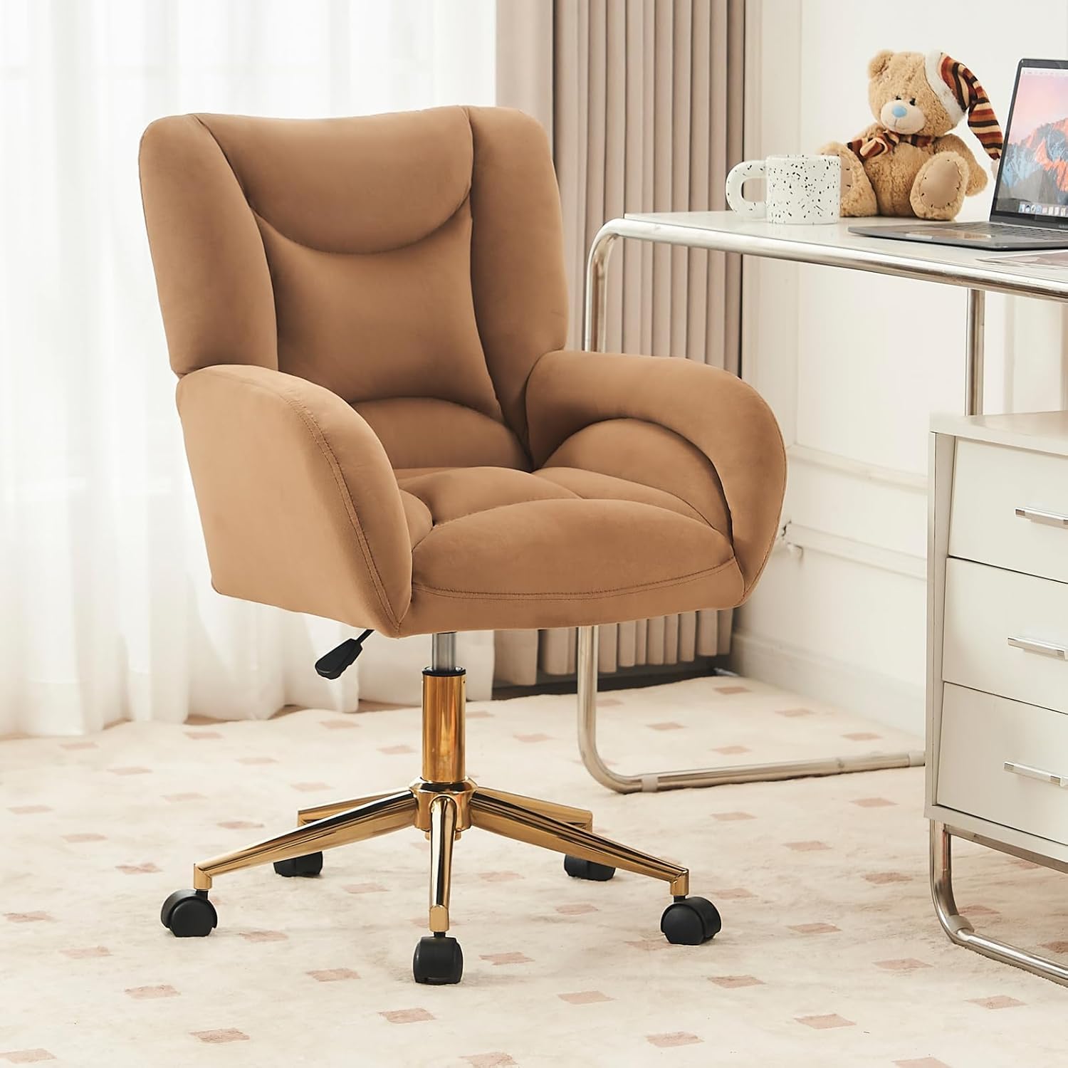 FOXHUNTER Home Office Desk Chair, 360 Swivel Velvet Desk Chair with Gold Base Upholstered Adjustable Task Chair, Modern Swivel Rolling Chair for Living Room Bedroom, Velvet Brown