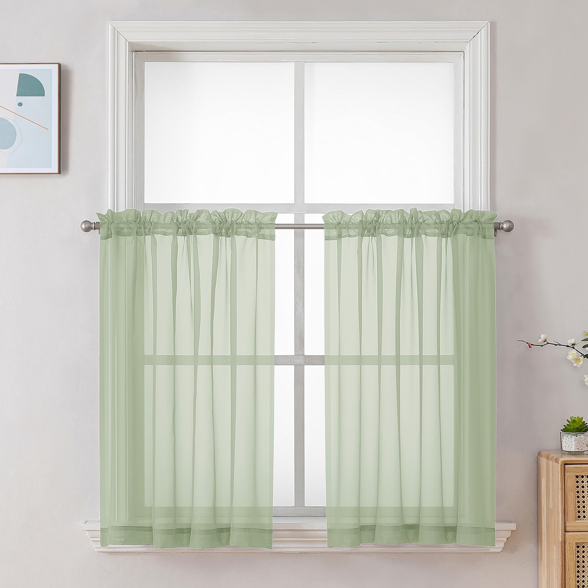 Chyhomenyc Light Green Sheer Curtains 36 inch Length 2 Panels Set, Light Filtering Voile Short Window Curtians for Bathroom Living Room Farmhouse Small Windows, Each 42Wx36L in, 2PCS โ image 1