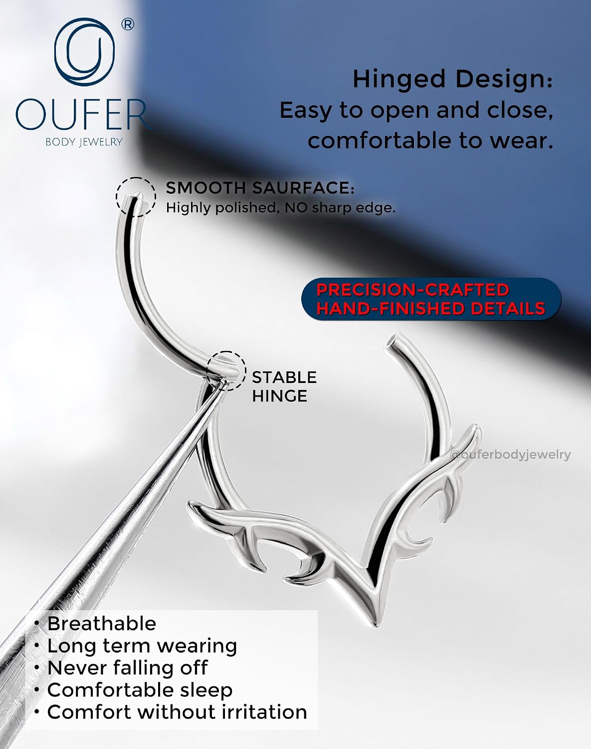 OUFER 16g Septum Rings, Blade Wings Septum Jewelry, V Shape Hinged Segment Clicker, Hypoallergenic Surgical Steel Nose Rings Hoops, Helix Daith Tragus Conch Piercing Jewelry for Women Men Silver/Gold