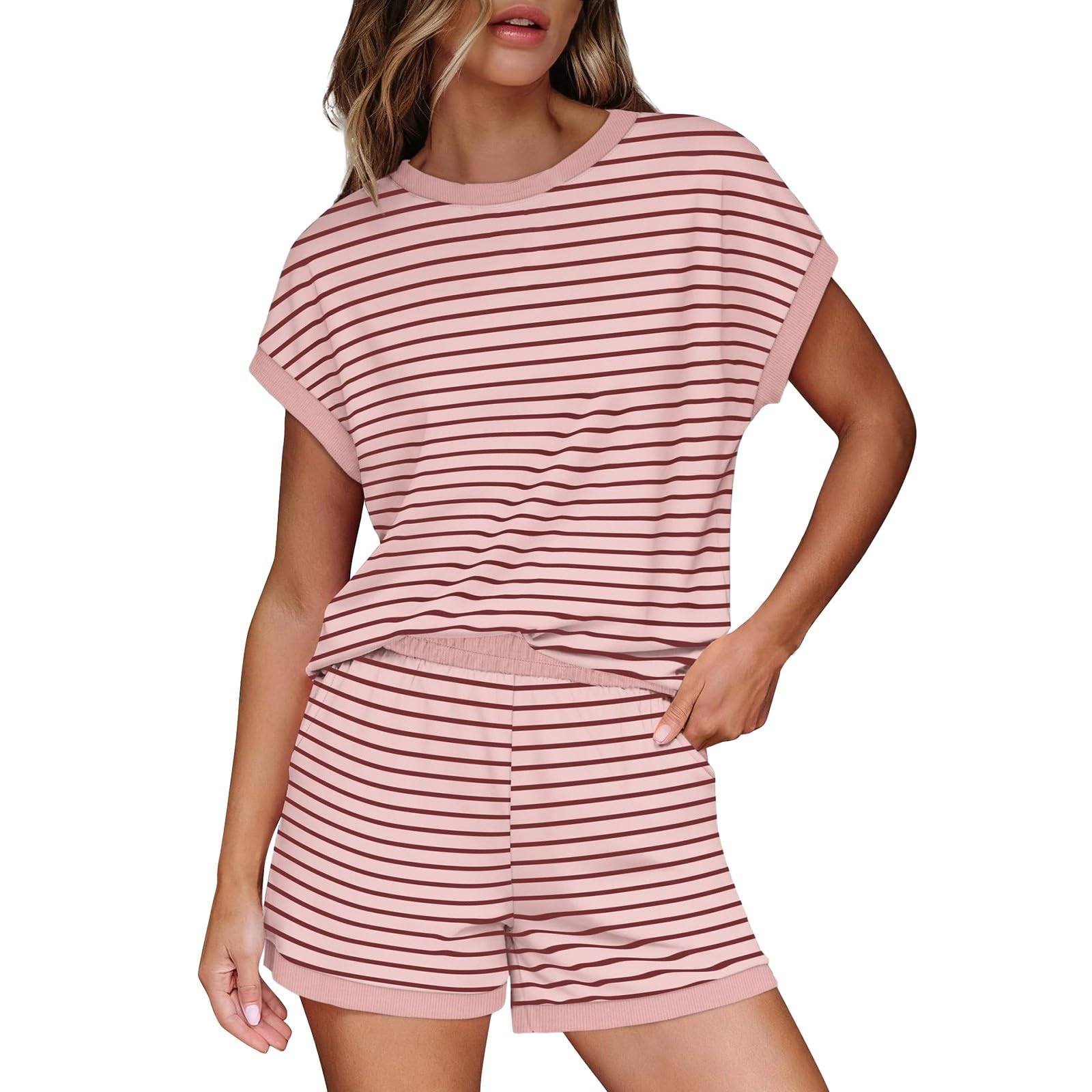 Schlafanzug Zweiteiler Damen Sommer: Pyjama Kurz 2 Teiler Zweiteilig Lounge Set Kurzarm Tshirt Und Shorts Loungewear Tracksuit Frauen Freizeitanzug Strand Sommerset