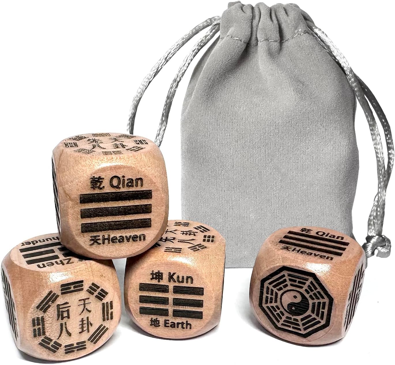 Two Sets of Eight Trigrams Wooden Dices (Innate Bagua, Acquired Bagua), Eastern Mysticism, Feng Shui Compass, Tai Chi Yin Yang, Divination and Prophecy Tools (4Pcs, 25MM)