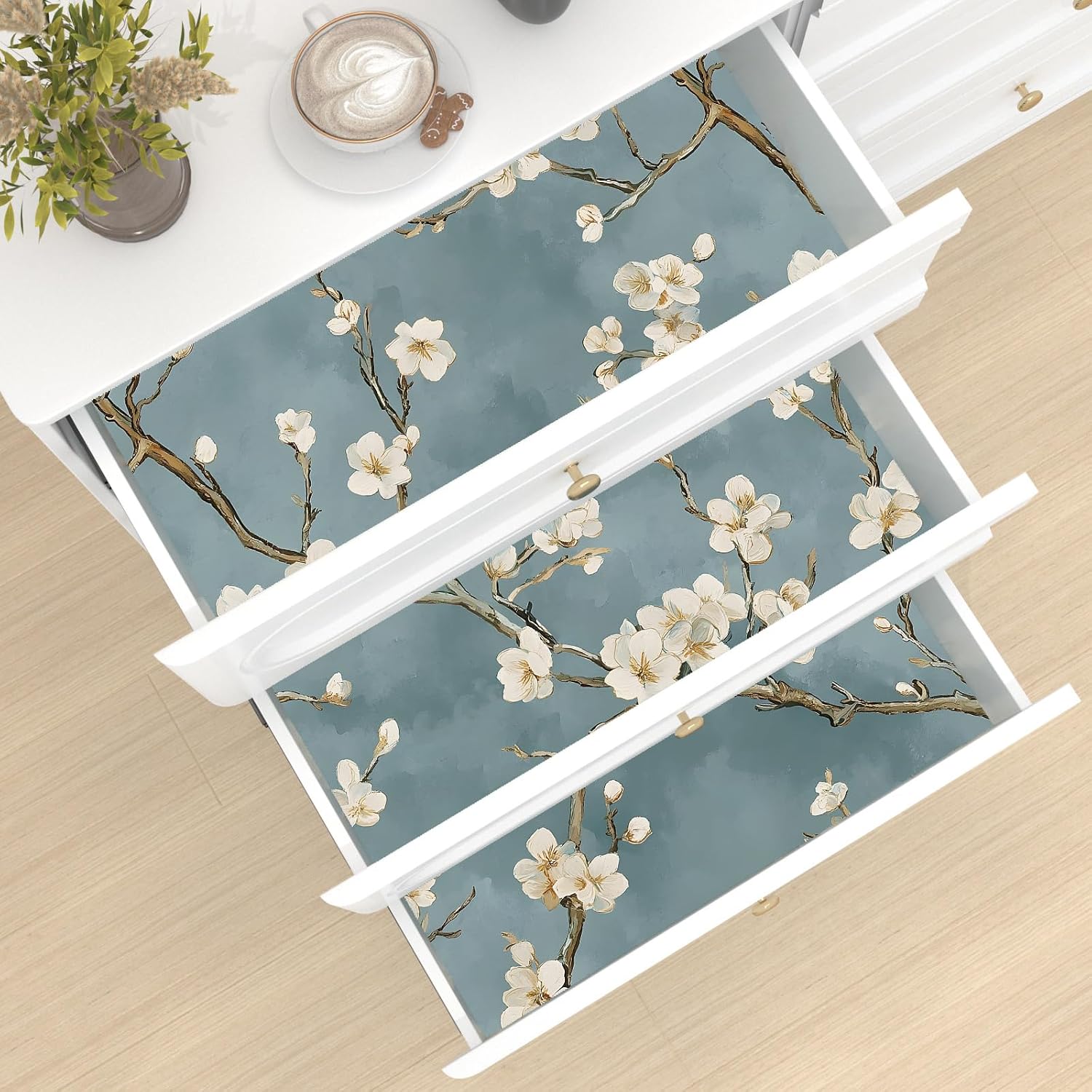 Vintage Floral Wallpaper Peel and Stick Blue White Flowers Contact Paper Vinyl Self Adhesive Removable Retro Cherry Blossom Wall Mural Wall Paper for Room Walls Shelve Cabinet Table Decor 17.5" x 393"