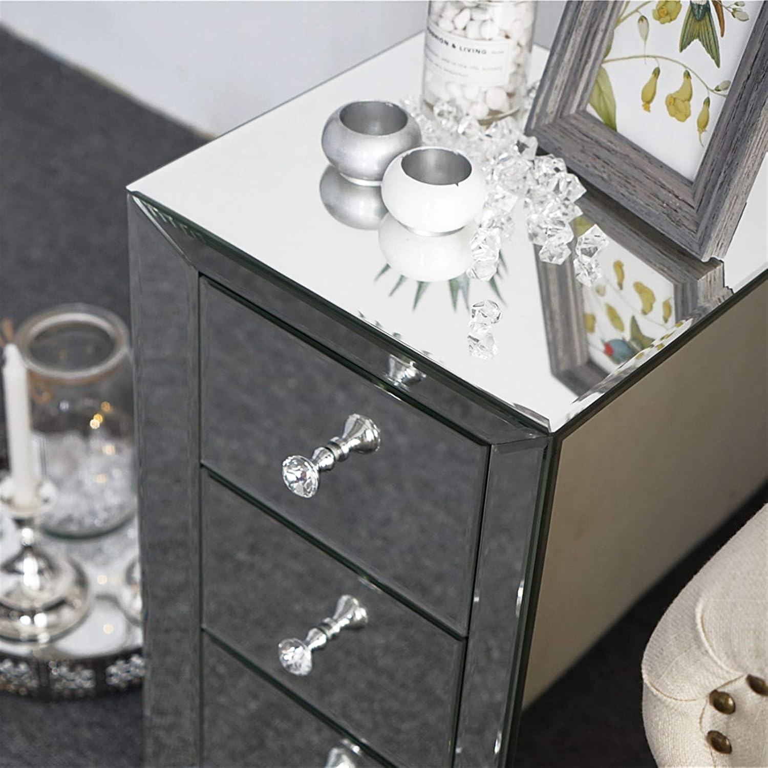 Mirrored Bedside Table, Glass Nightstand with 3 Drawers, Side Table for Bedroom
