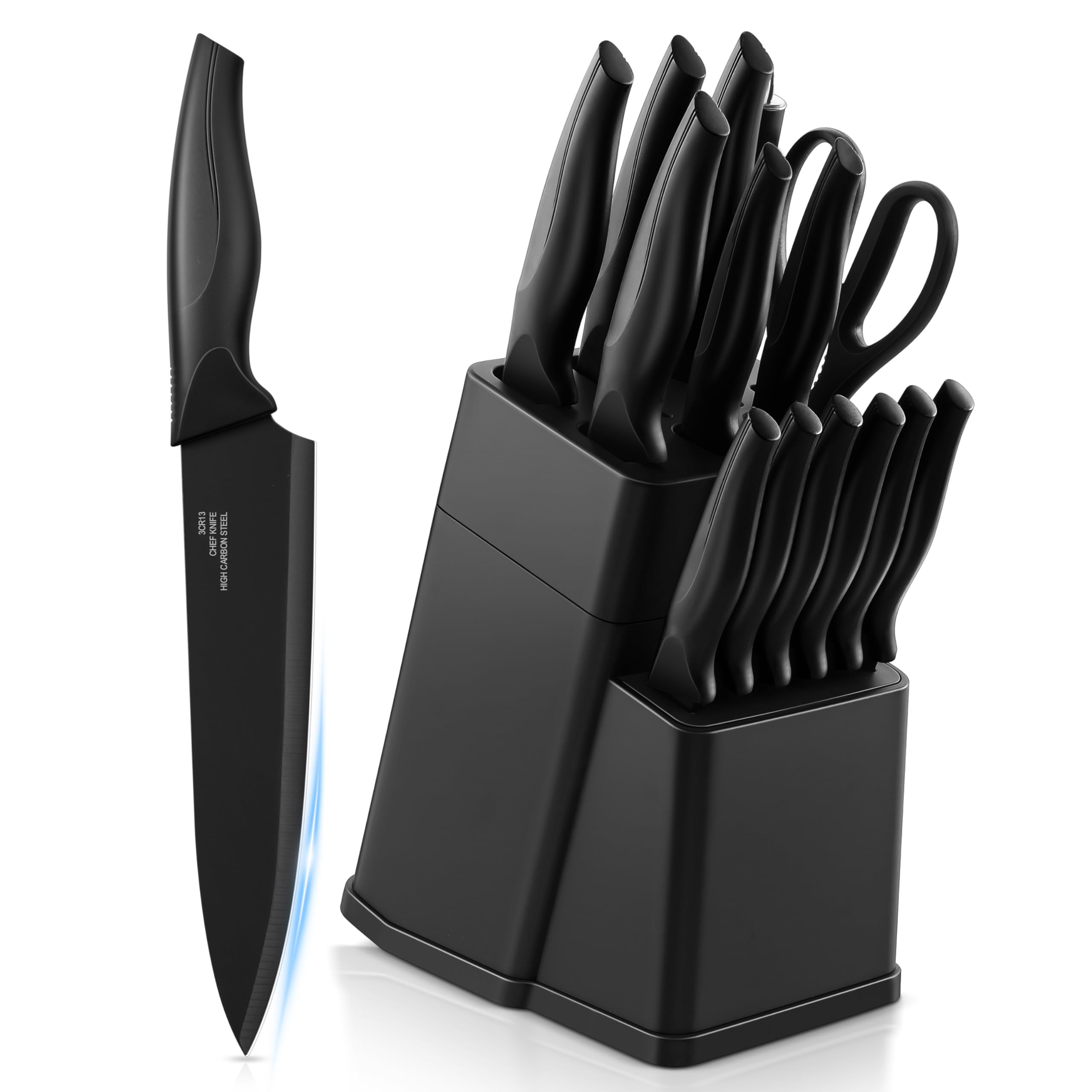 Homikit Messerblock Set, 15-tlg Edelstahl Messer Küchenmesser mit Wetzstahl, Messerblock mit Messerset & Kochmesser für Küchen Schneiden Zerhacken, 6 Steakmesser, Rutschfester Griff, Rostfrei, Schwarz