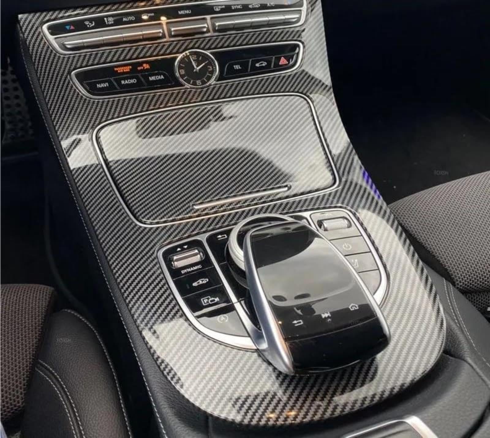 Wewnętrzne naklejki ozdobne dla Mercedes-Benz Klasy E W213 z lat 2016– ramka osłony konsoli i panelu zmiany biegów z imitacją włókna węglowego Listwa zmiany biegów samochodu naklejka na