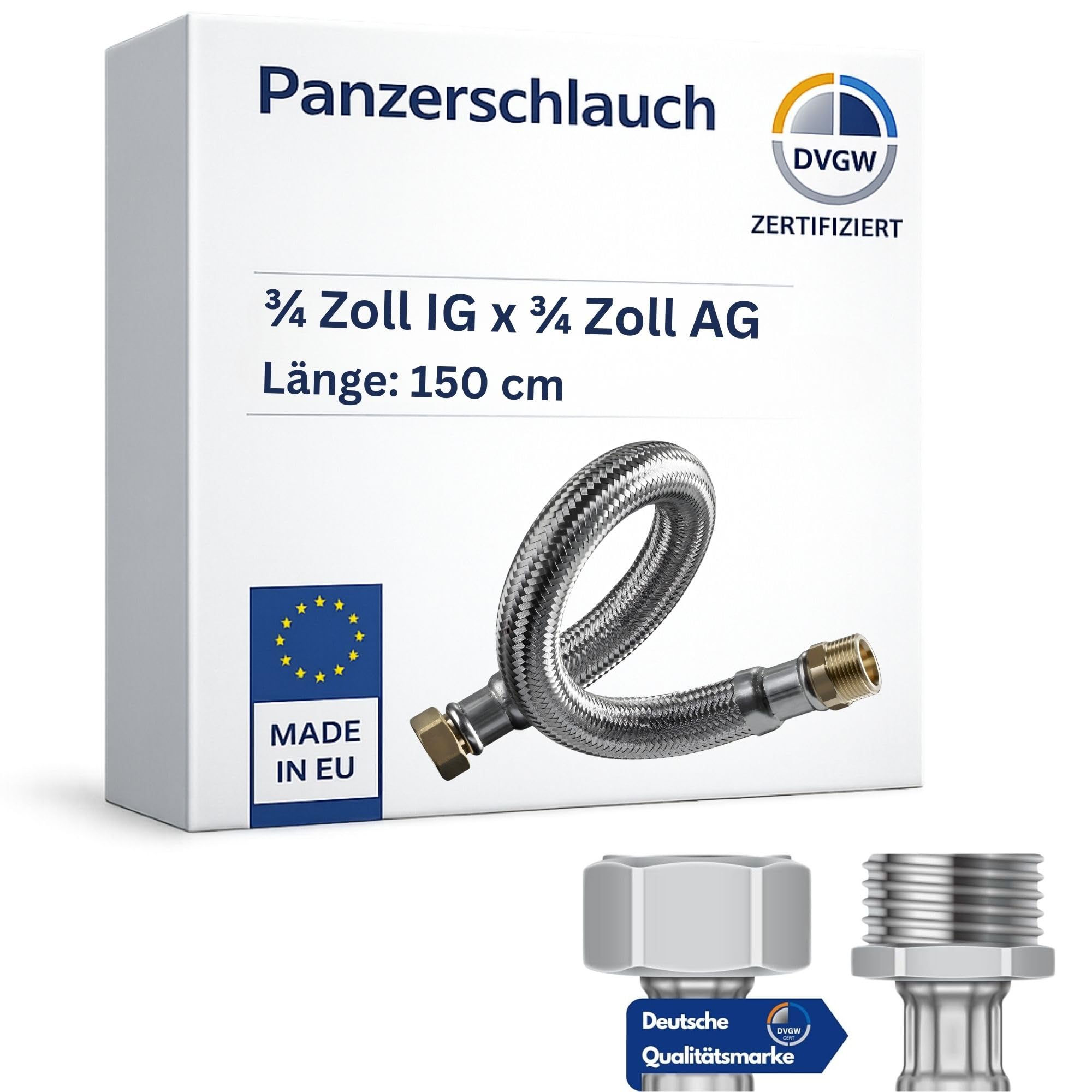 DVGW gep. Panzerschlauch 3/4 Zoll DN20 DN19 Edelstahl Flexschlauch Wasseranschluss Heizung Enthärtungsanlage mit Edelstahlumflechtung | 150 cm Überwurfmutter x Außengewinde
