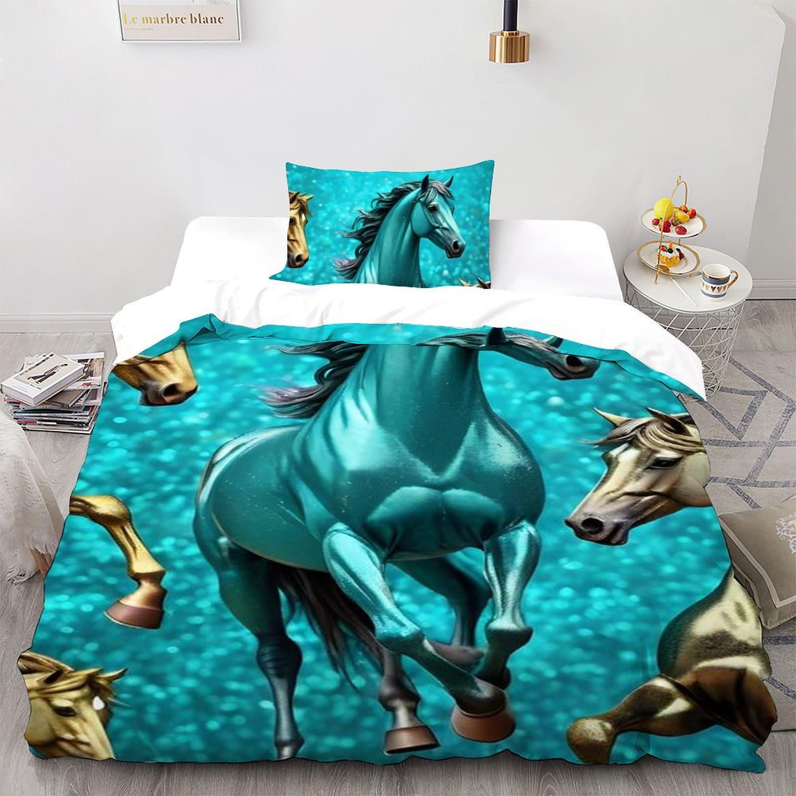 Poney coloré housse de couette imprimé 3D éclatant avec sa taie d'oreiller douce pour lit enfant