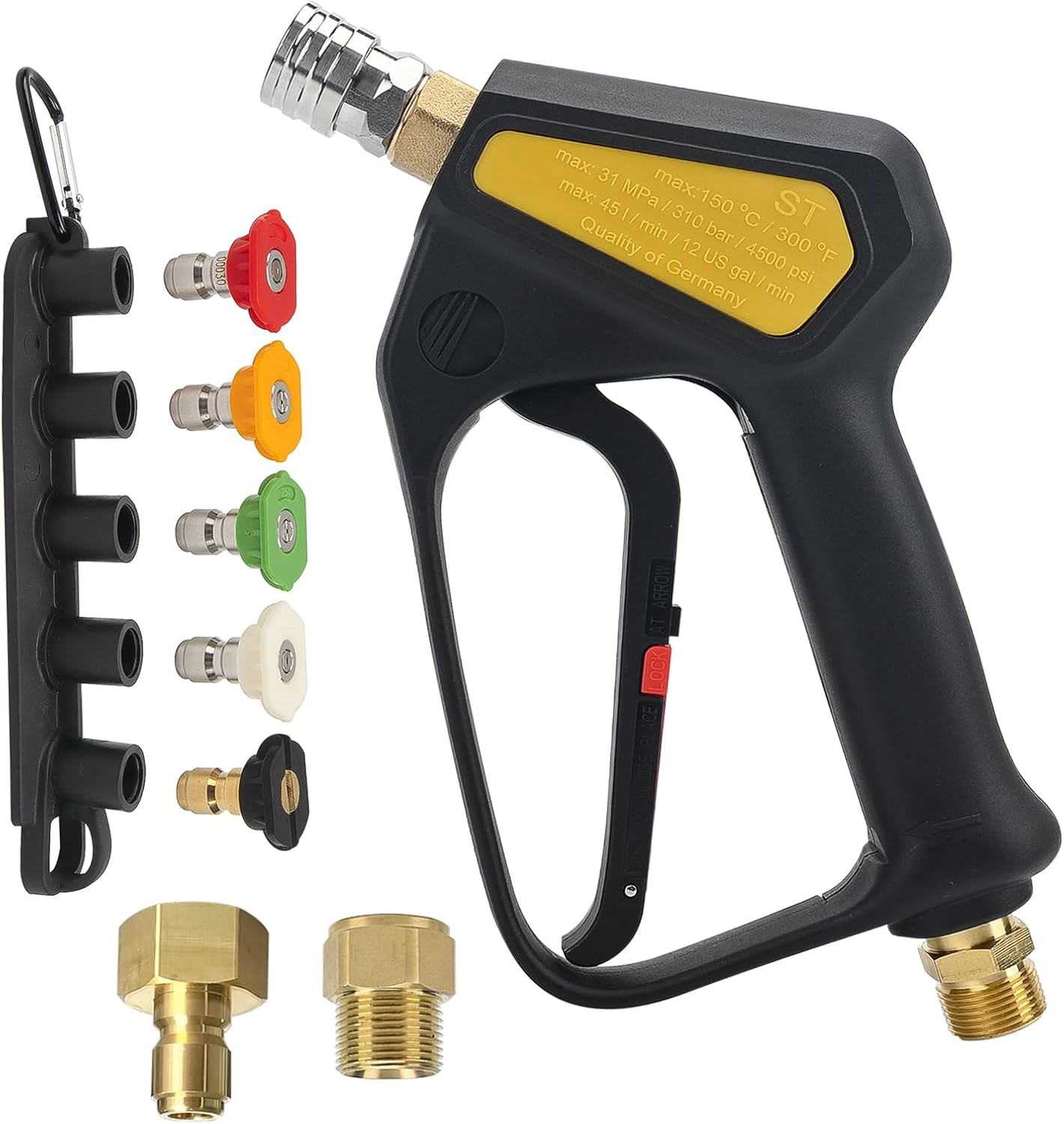 replacement short pressure washer gun swivel with m22 inlet-14mm &spray 5 tips & nozzle holder compatible for some of karcher greenworks ryobi homelite pressure washer b. spray gun & 5 tips