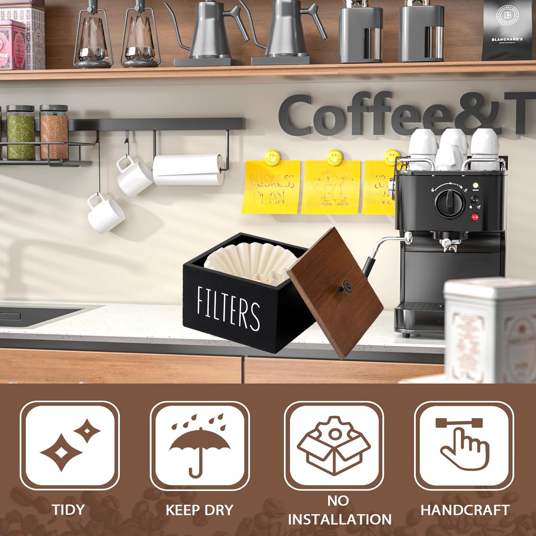 Porte-filtre à Café En Bois Massif – Avec Couvercle – Range Jusqu’à 100 Filtres – Style Rustique Pour Comptoir - 6
