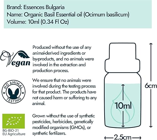 Miniatura 6 de Essences Bulgaria Aceite esencial de albahaca orgánica de 13 fl oz  0.3 onzas líquidas  Ocimum basilicum  100% puro y natural  Sin diluir  Grado