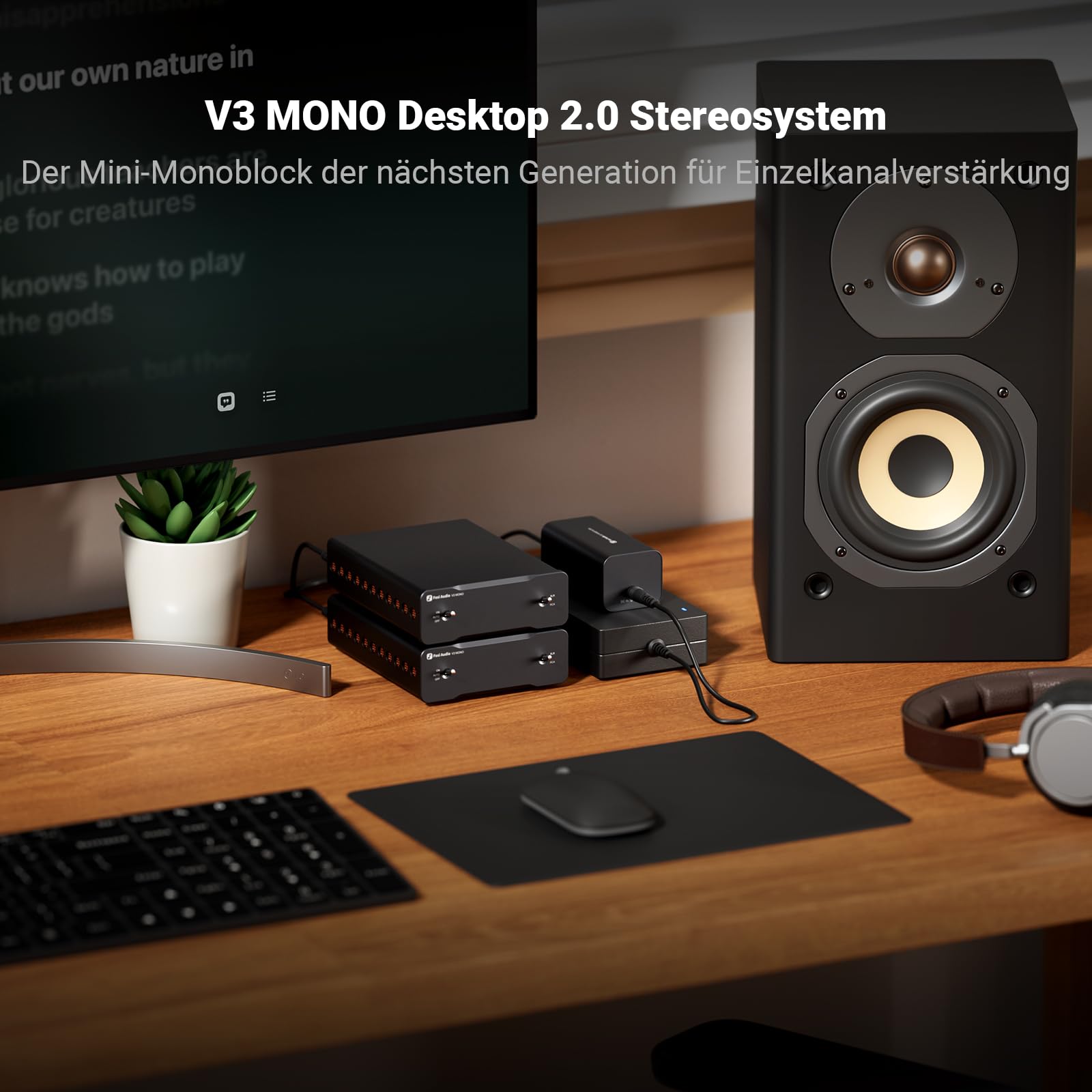 Fosi Audio V3 Mono Leistungsverstärker für Passive Lautsprecher, Mini Monoblock Class D Verstärker mit TPA3255, 240W HiFi Heimkino AVR Receiver, RCA/XLR symmetrische Eingänge, 48V/10A Netzteil