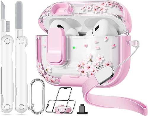 con bloqueo de seguridad para funda de AirPods Pro 2ª 1ª generación, funda floral transparente y linda para AirPods Pro 2 con soporte para teléfono