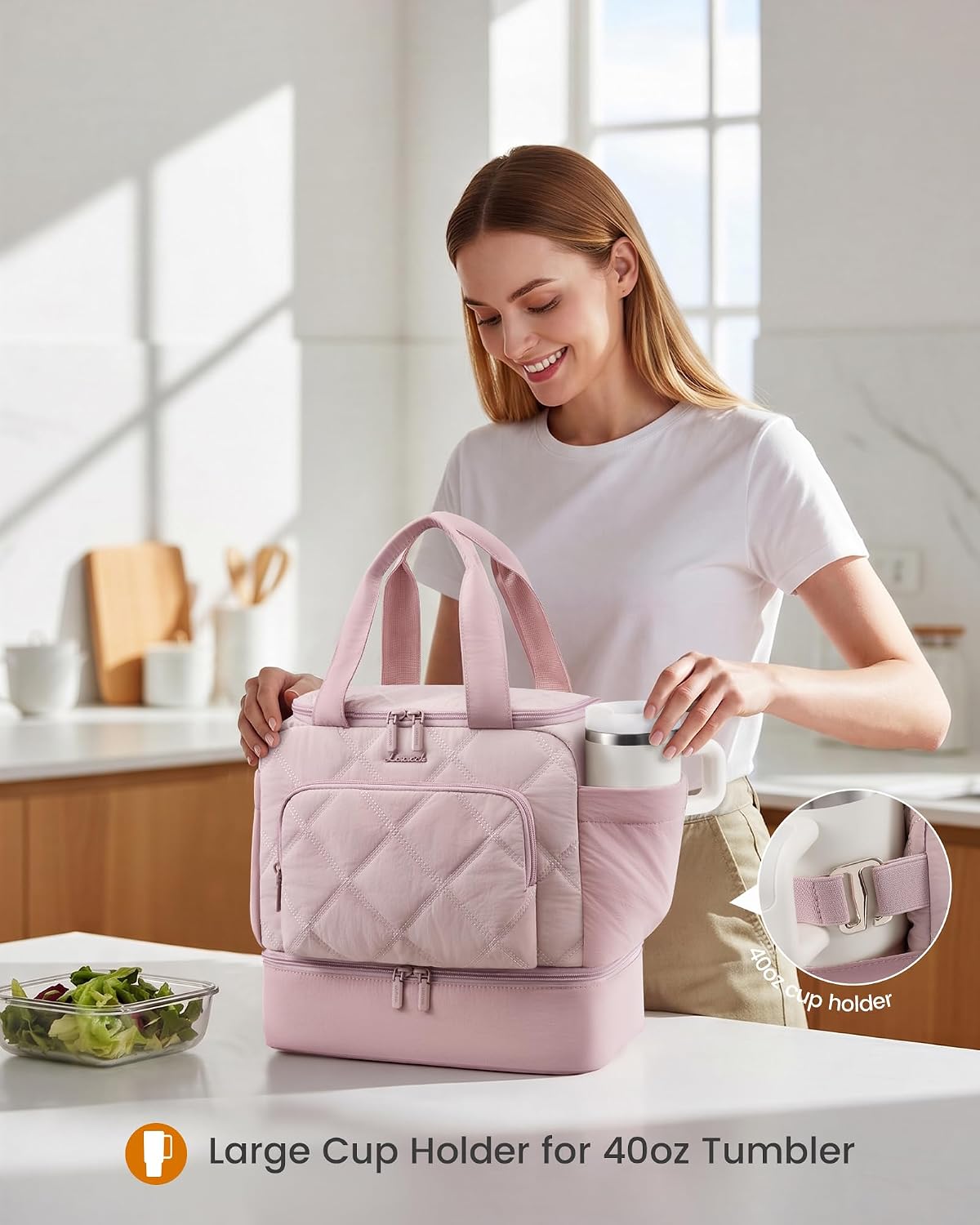 LOVEVOOK Insulated Lunch Bags for Women, Double Deck Pink Lunch Box