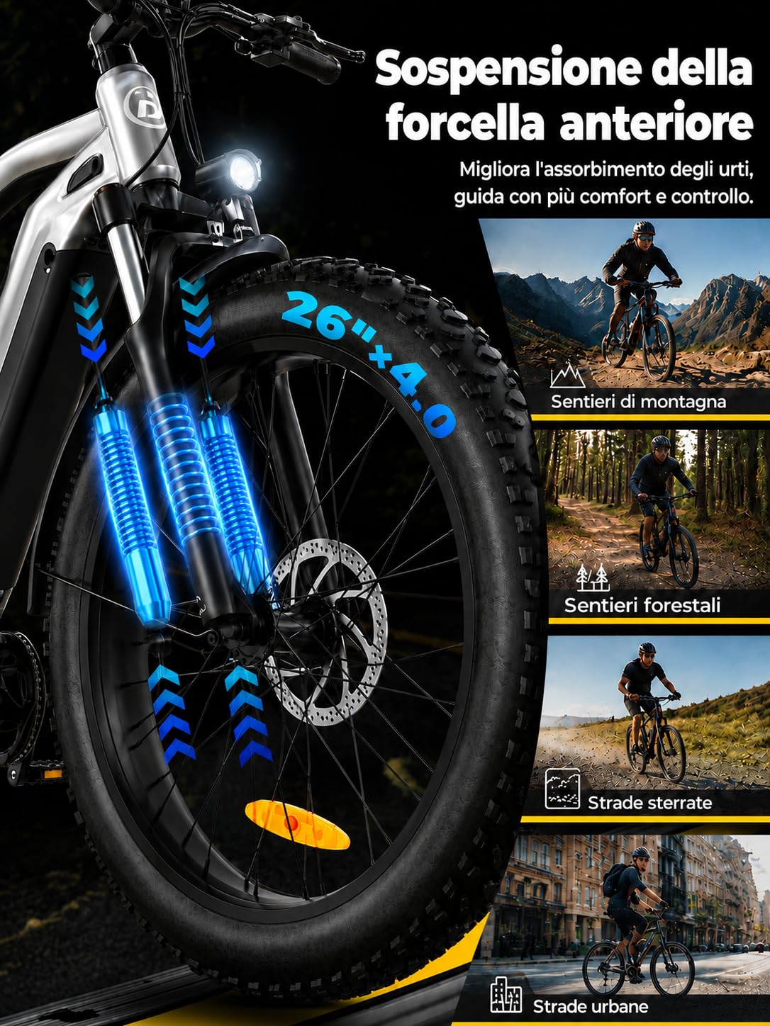 Bodywel D6 Bici Elettrica Adulto, 26x4 Fat Mountain E Bike Tutti i Terreni, Batteria 48V 15Ah, Motore 250W, 7 Velocità, Forcella Ammortizzata, Freni a Disco Idraulici e Telaio in Lega (Argento)
