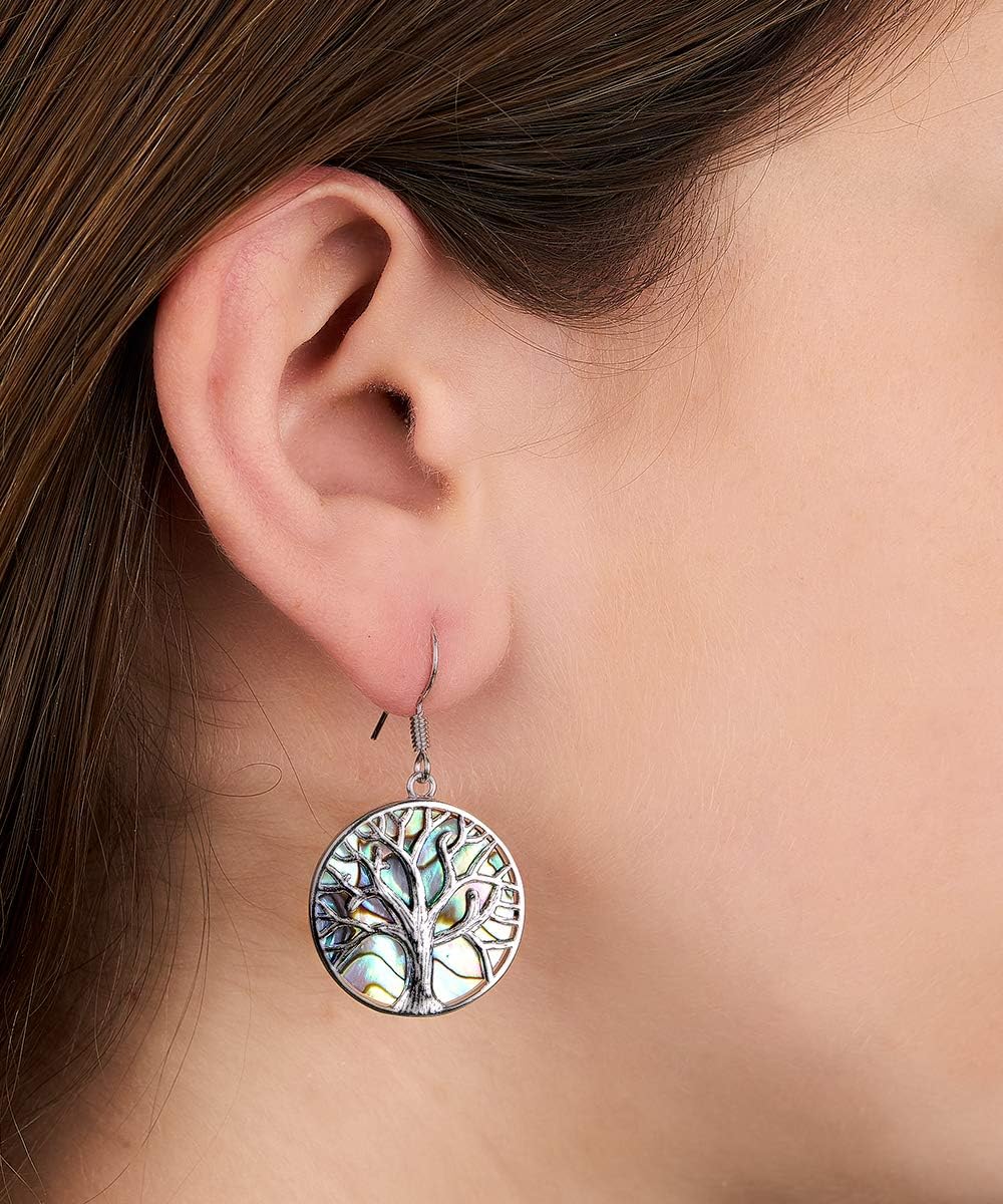 Tree of Life Earrings For Women | Barzel 18K White Gold Plated Created Abalone Tree Of Life Dangling Earrings - Image 4
