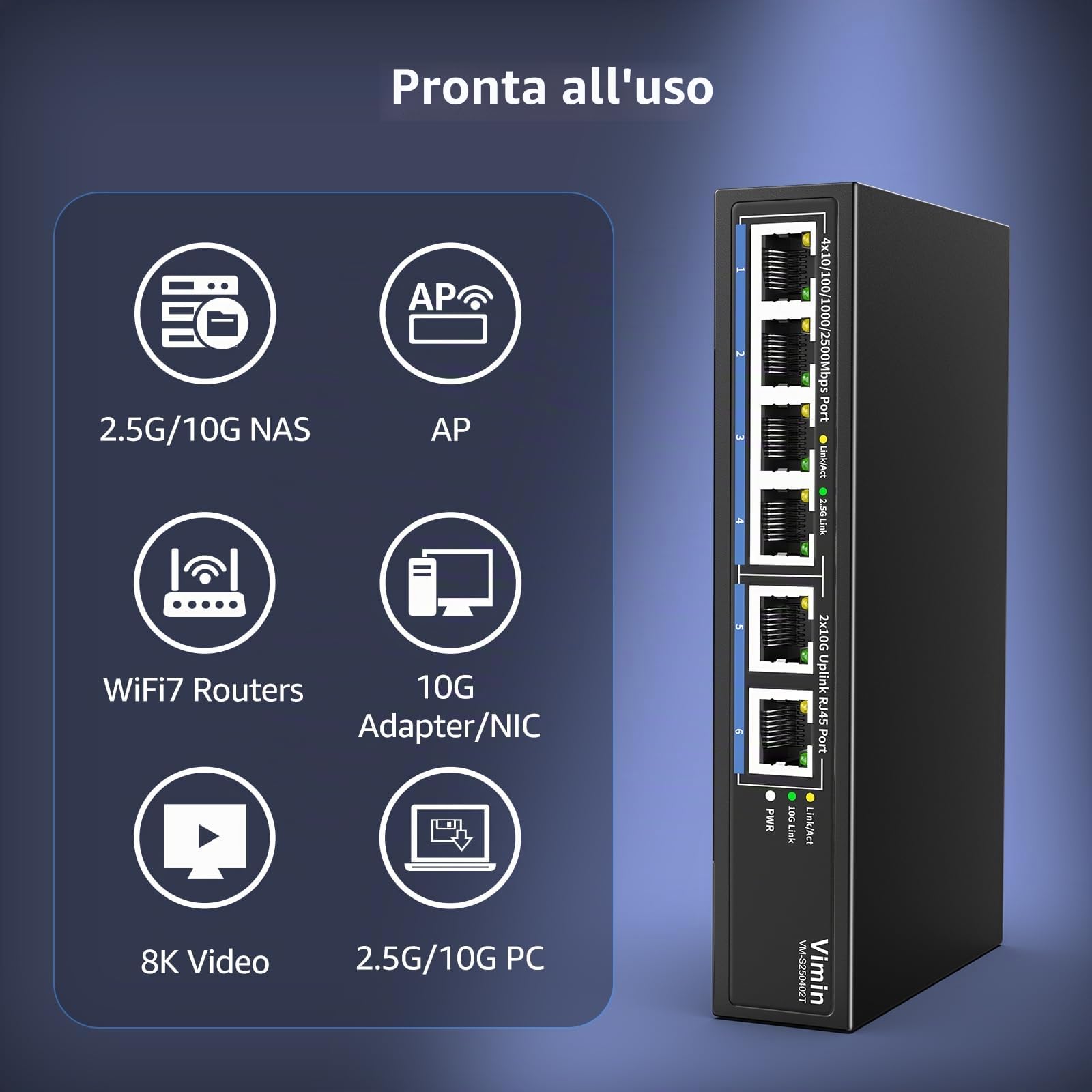Switch Ethernet non gestito da 10 Gb con 4 porte Base-T da 2,5 G, 2 porte RJ45, switch di rete Base-T da 2,5 Gb, capacità di 60 Gbps, switch multiGigabit per desktop/montaggio a parete per NAS, PC