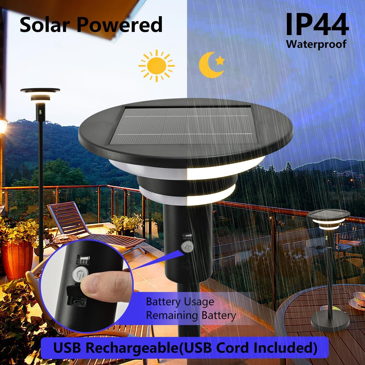 Solar Floor Lamp for Patio Waterproof IP44,Outdoor USB Rechargeable Cordless Floor Lamp with 3 Modes,Height Adjustable,Warm White 3000k Standing Solar Lights for Deck, Porch, Camping