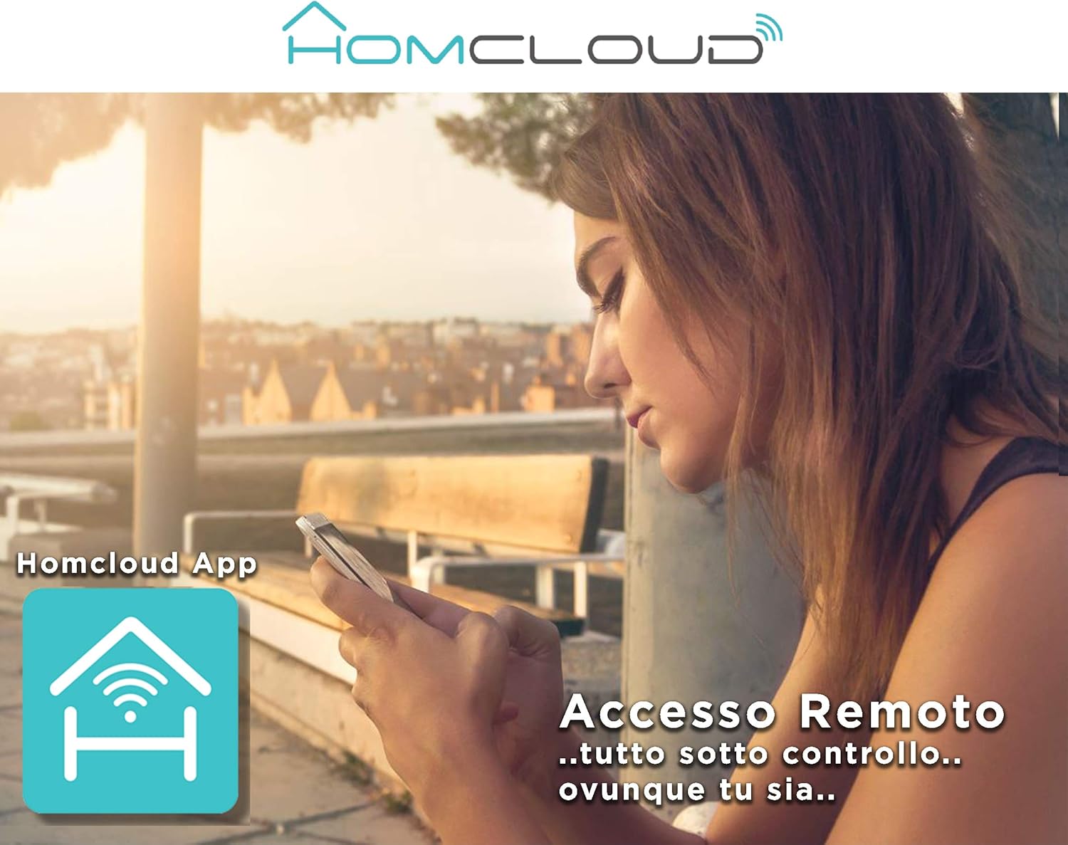Woman using Homcloud App for remote access