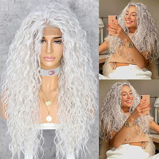 Top Curly Haircut Ideas for Women, Short Curly Hairstyles SAPPHIREWIGS Curly Synthetic Lace Front Wigs Long Deep Wave Wig Glueless Pre Plucked Hairline White Gray 60# Wig Cosplay Party Daily Makeup Halloween Use 26inch