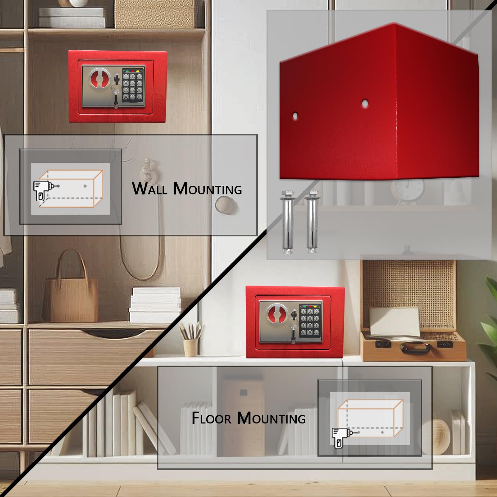 Yuanshikj Elektronischer Deluxe digitaler Sicherheitssafe mit Schlüssel, Tastatur, Schloss, Zuhause, Büro, Hotel, Geschäft, Schmuck, Waffe, Bargeld, Aufbewahrung von Geld (rot)