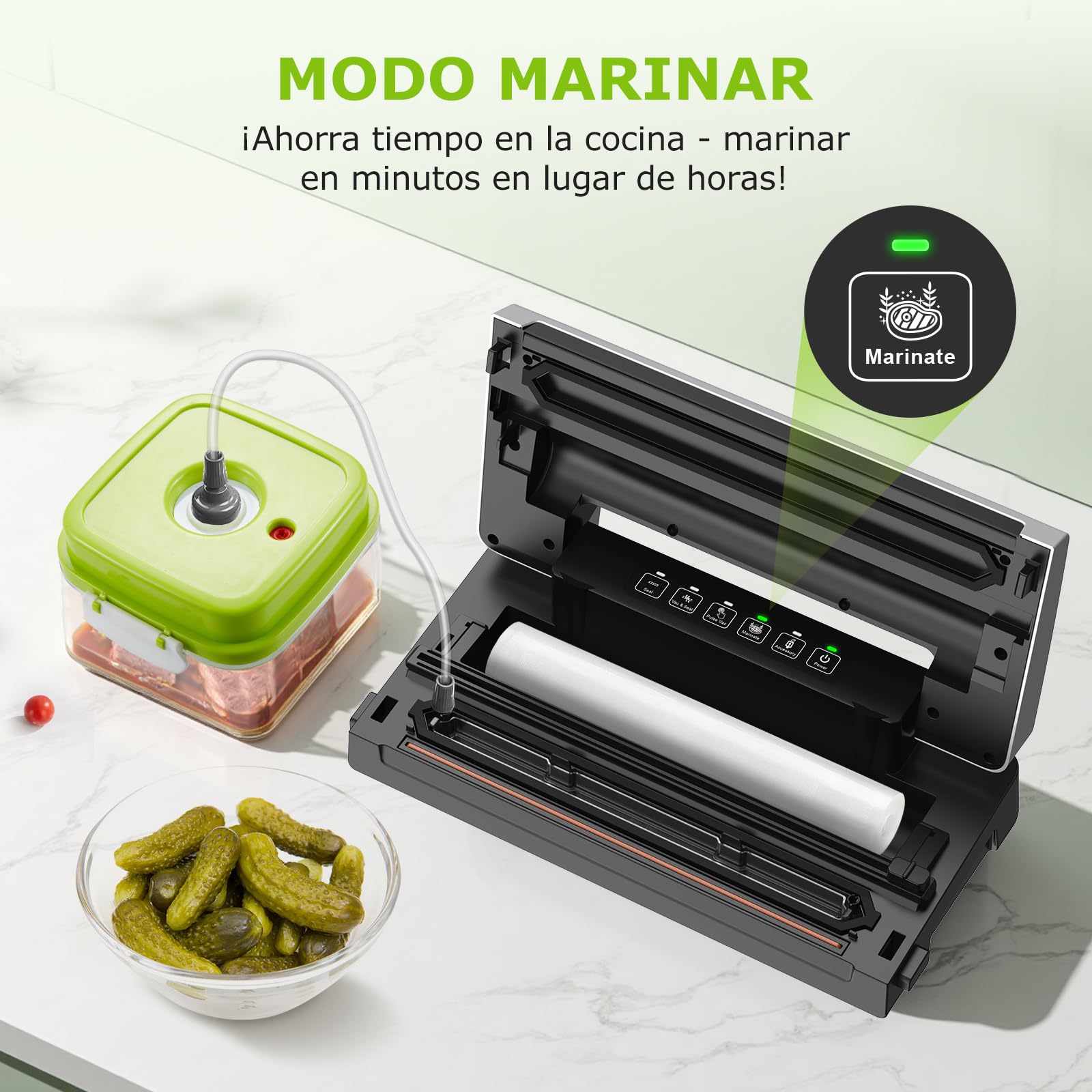 Bonsenkitchen Envasadora al Vacío, Maquina al Vacio con 5 Modos, Cortador y Almacenamiento de Bolsas en Rollo, Vacío Rápido, Incluye 10 Bolsas de Vacío y 1 Bolsa de Rollo-VS3000