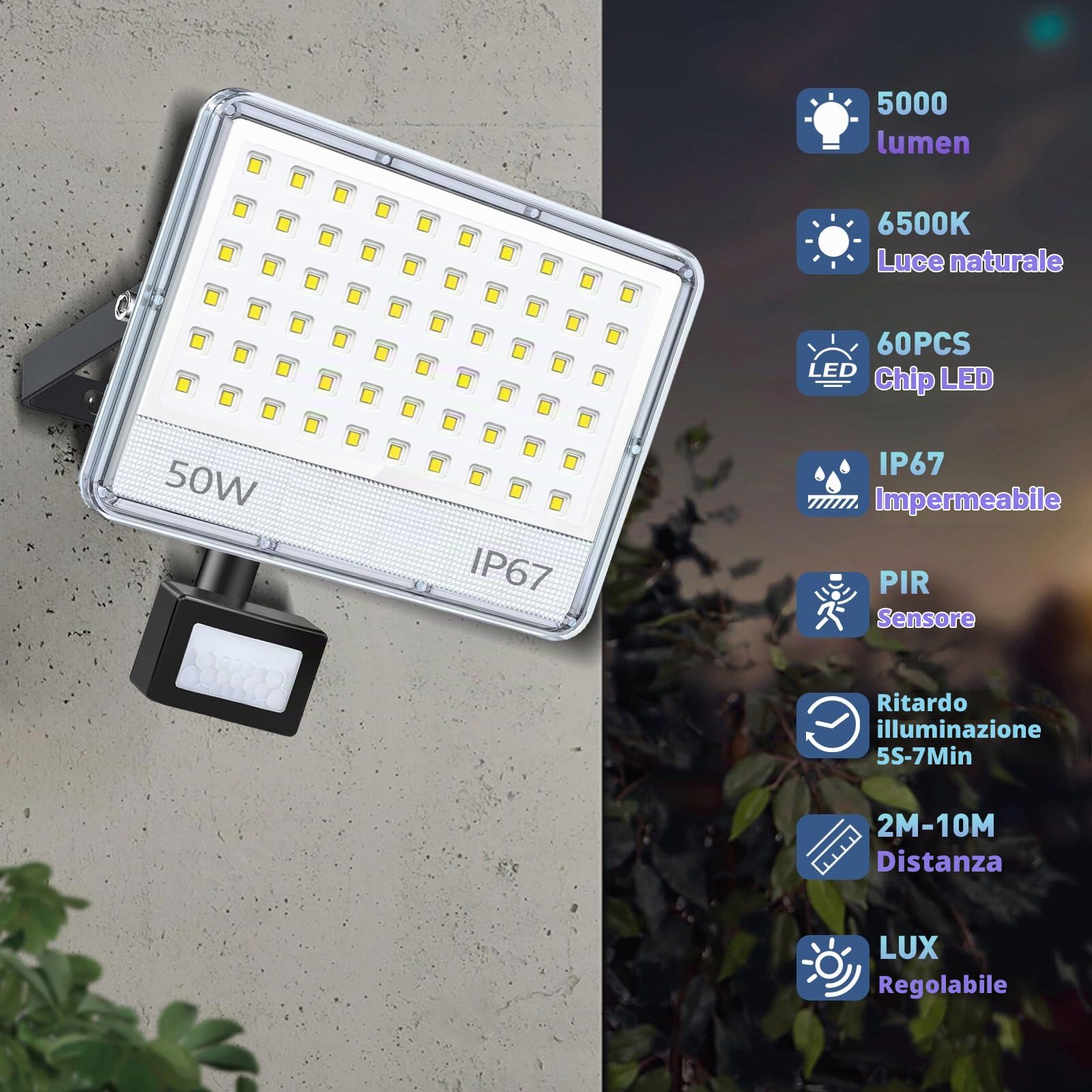 Faretto Led da Esterno con Sensore di Movimento, 50W 5000 lumen 2 Pezzi Faro Led Esterno 6500K Bianca Fredda, IP67 Impermeabile Fari LED per Garage Cortile Giardino Terrazza