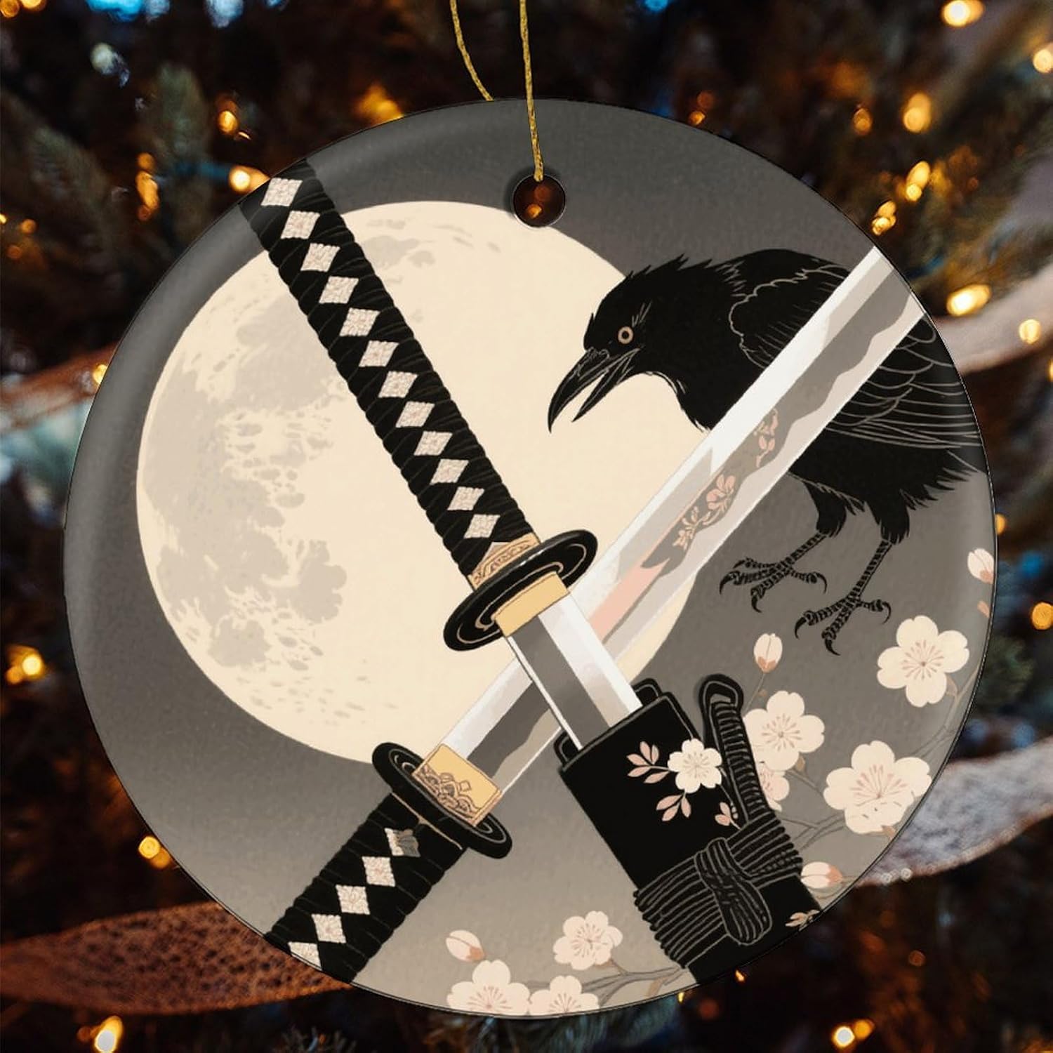 Ceramic Christmas Tree Ornaments - Samurai Sword Draw Round Decor Hanging Pendants, Winter Holiday Tree Hanging Decor with String, Xmas Gift Keepsake for Women & Men image 4