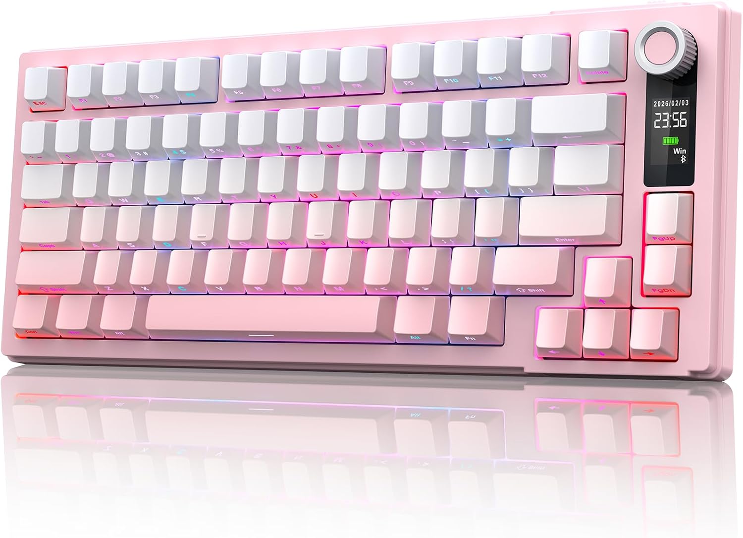 MOKURU Wireless Mechanical Keyboard, Three Mode BT/2.4G/USB-C, RGB Switching, 75% Key Layout, Volume Adjustment knob, Hot Swappable Shaft Seat, Compatible with Windows, Mac (Pink Gradient)