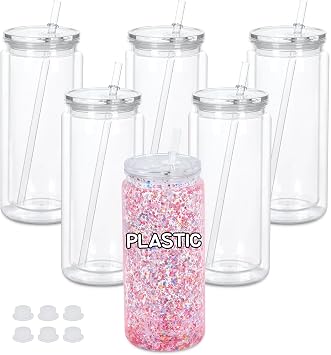 6 Pack 20oz Plastic Snow Globe Tumbler Pre-Drilled Double Wall Acrylic Snow Globe Cup Plastic Clear Cup for Snowglobe with Clear Lid