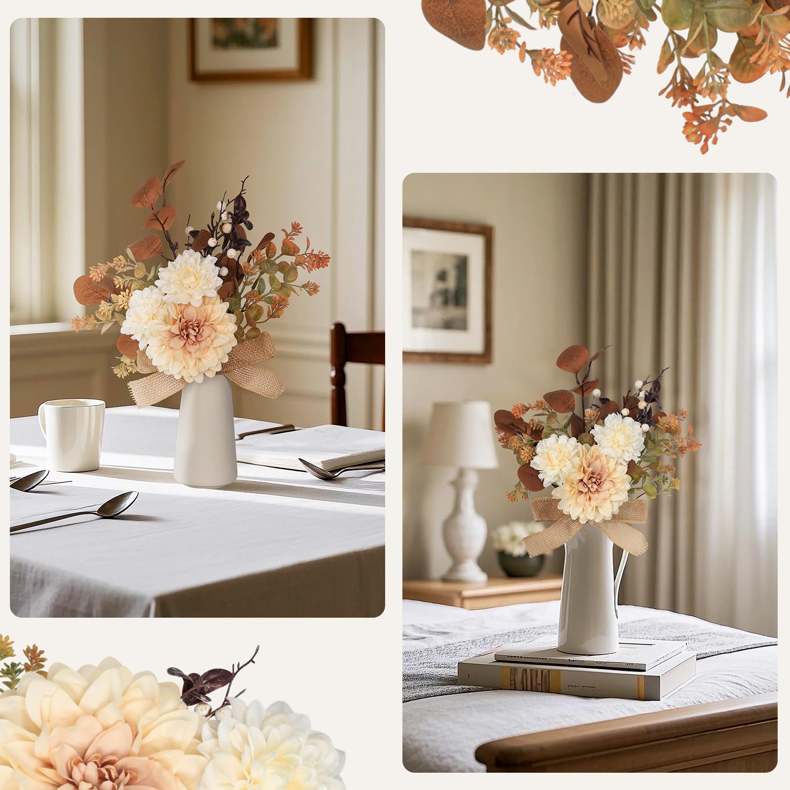 Pequeñas flores artificiales en jarrón de cerámica de 15 pulgadas, centros de mesa de café, arreglos florales de seda, ramo falso de interior para comedor, cocina, boda, decoración del 4