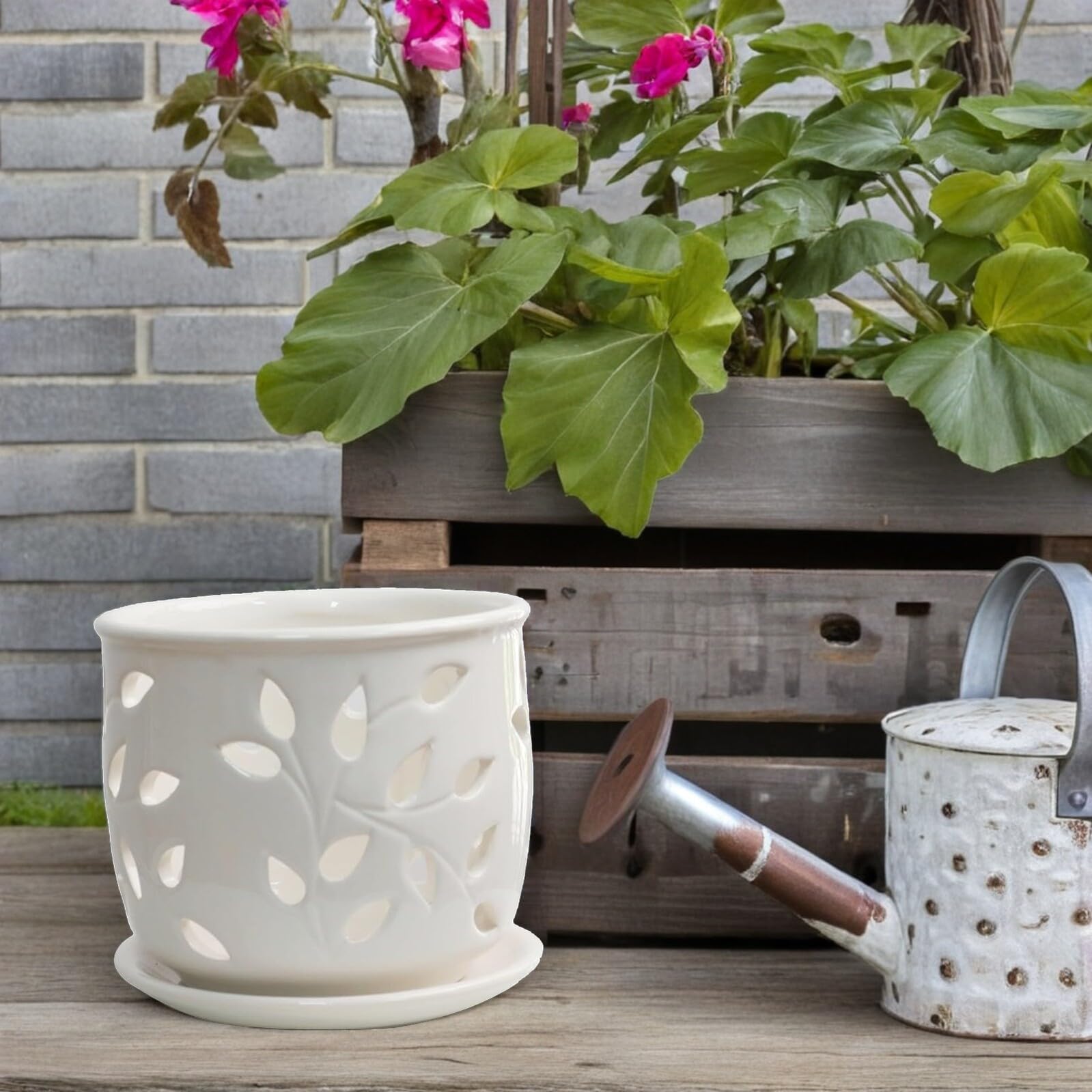Ceramiczny Biały Ceramiczny Kwiat Doniczka z Otworami i Tacą Odporny Warunki Zewnętrzne Doniczka Storczyki Do Domu Biura i Ogrodu Łatwa Utrzymaniu