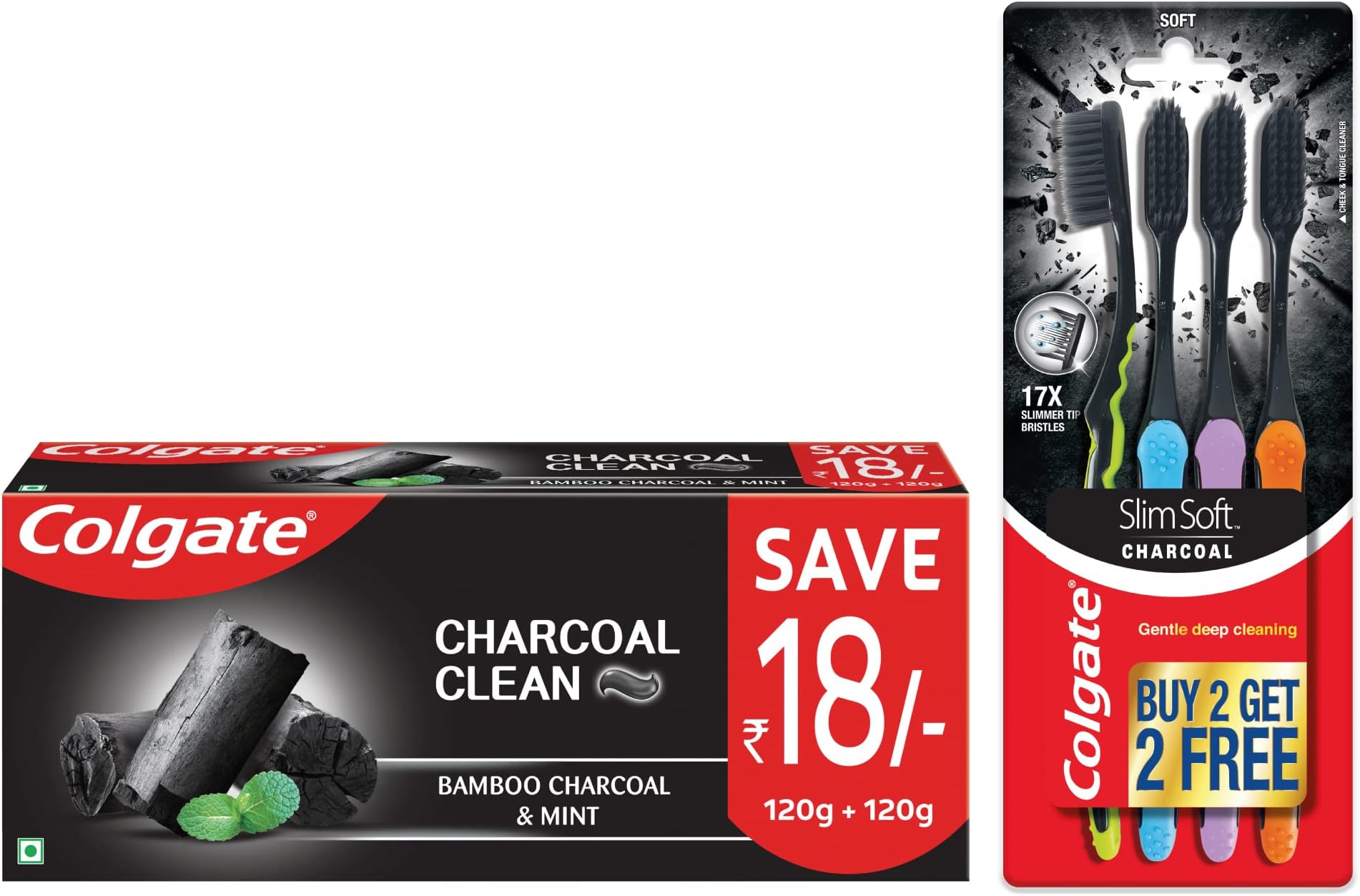 Colgate Charcoal Oral Care Combo Black Gel Toothpaste, 240g Saver Pack, with Slim Soft Charcoal Toothbrush for Cavity Protection, Whitening, Plaque Removal, Deep Clean - 4 pcs