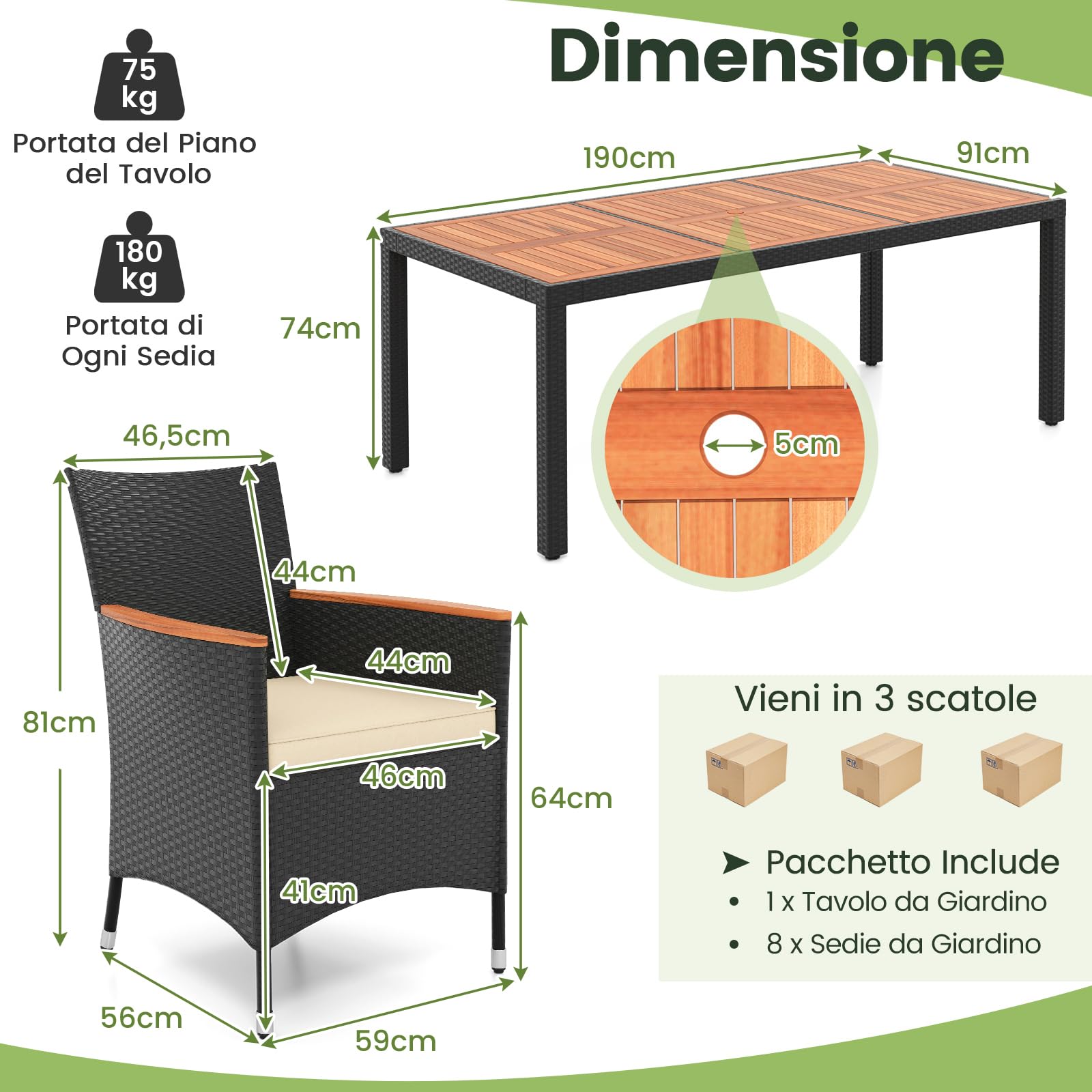 COSTWAY Set da Giardino 9 Pezzi in Rattan PE, Set Pranzo da Giardino con 1 Tavolo e 8 Sedie con Cuscini, Tavolo da Esterno con Piano in Legno di Acacia e Foro per Ombrellone, Naturale